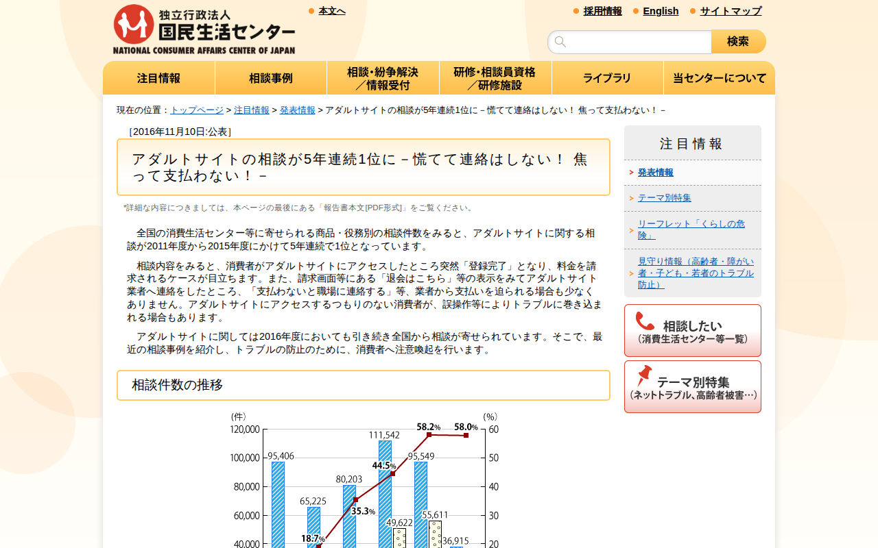 アダルトサイトの相談が5年連続1位に-慌てて連絡はしない! 焦って支払わない!-(発表情報)_国民生活センター - 保存されたスクリーンショット