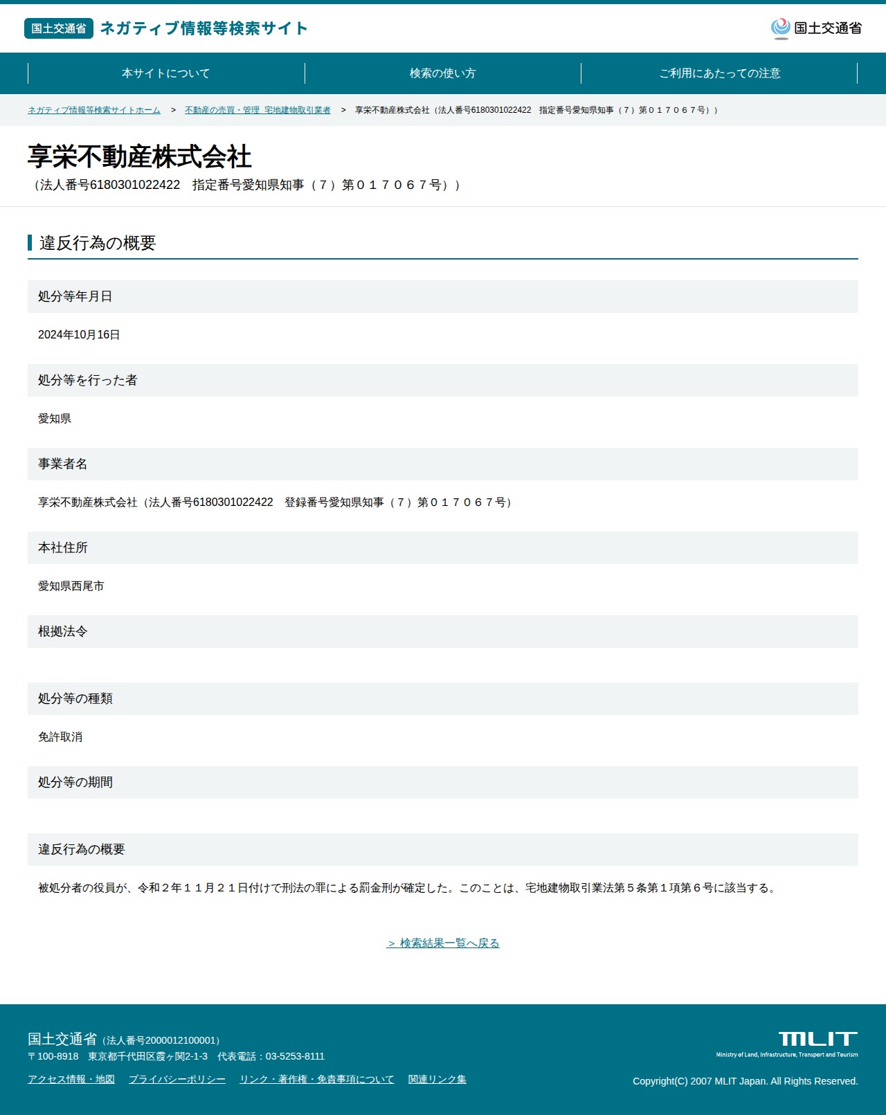 享栄不動産株式会社(法人番号6180301022422 指定番号愛知県知事(7)第017067号)) - 国土交通省 ネガティブ情報等検索サイト - 保存されたスクリーンショット