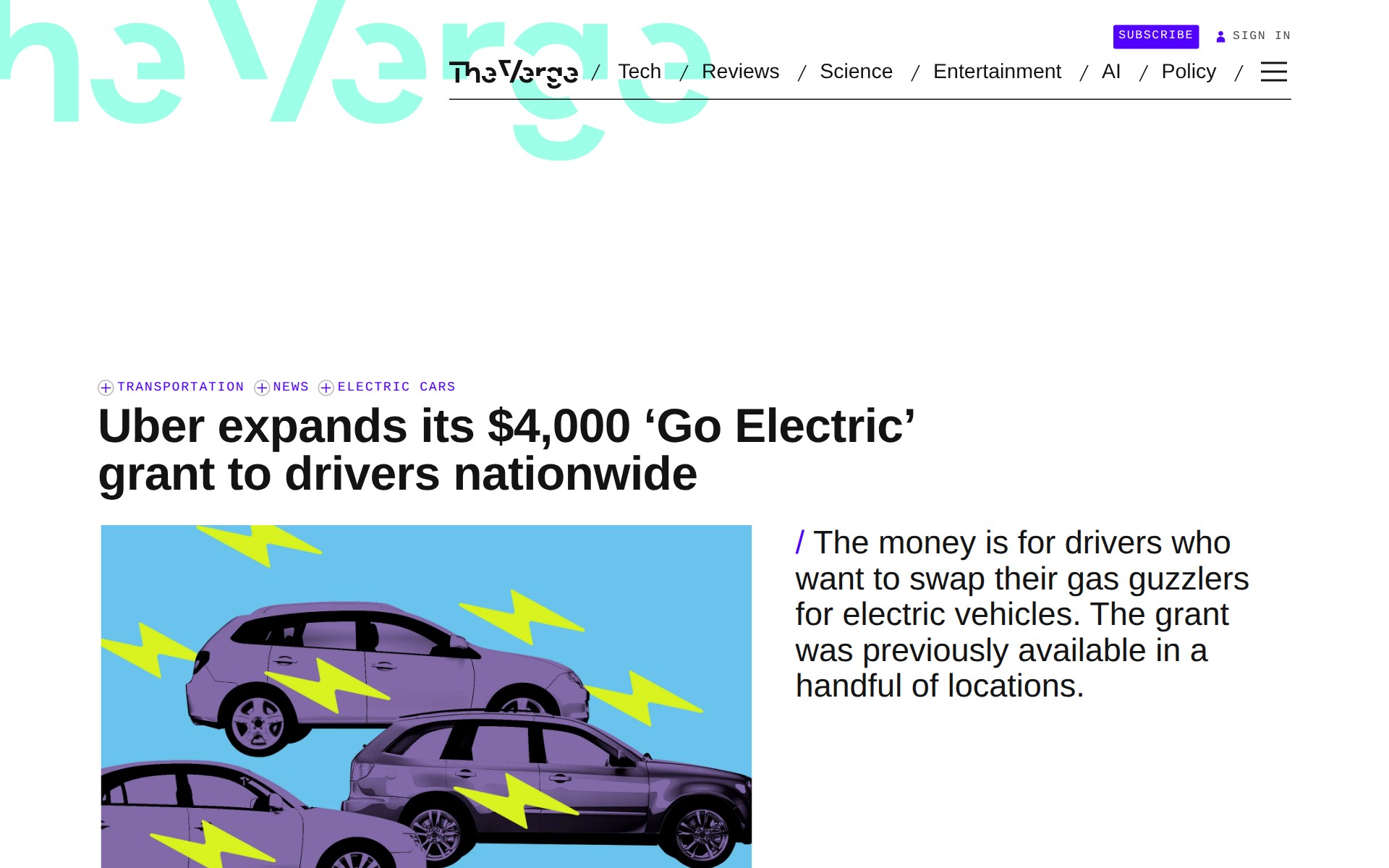 Uber expands its $4,000 ‘Go Electric’ grant to drivers nationwide | The Verge - 保存されたスクリーンショット