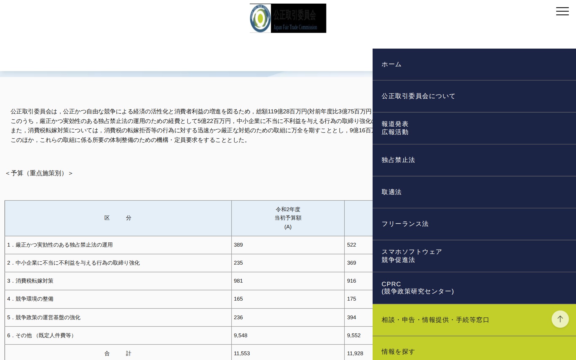 (令和2年9月30日)公正取引委員会の令和3年度概算要求について | 公正取引委員会 - 保存されたスクリーンショット