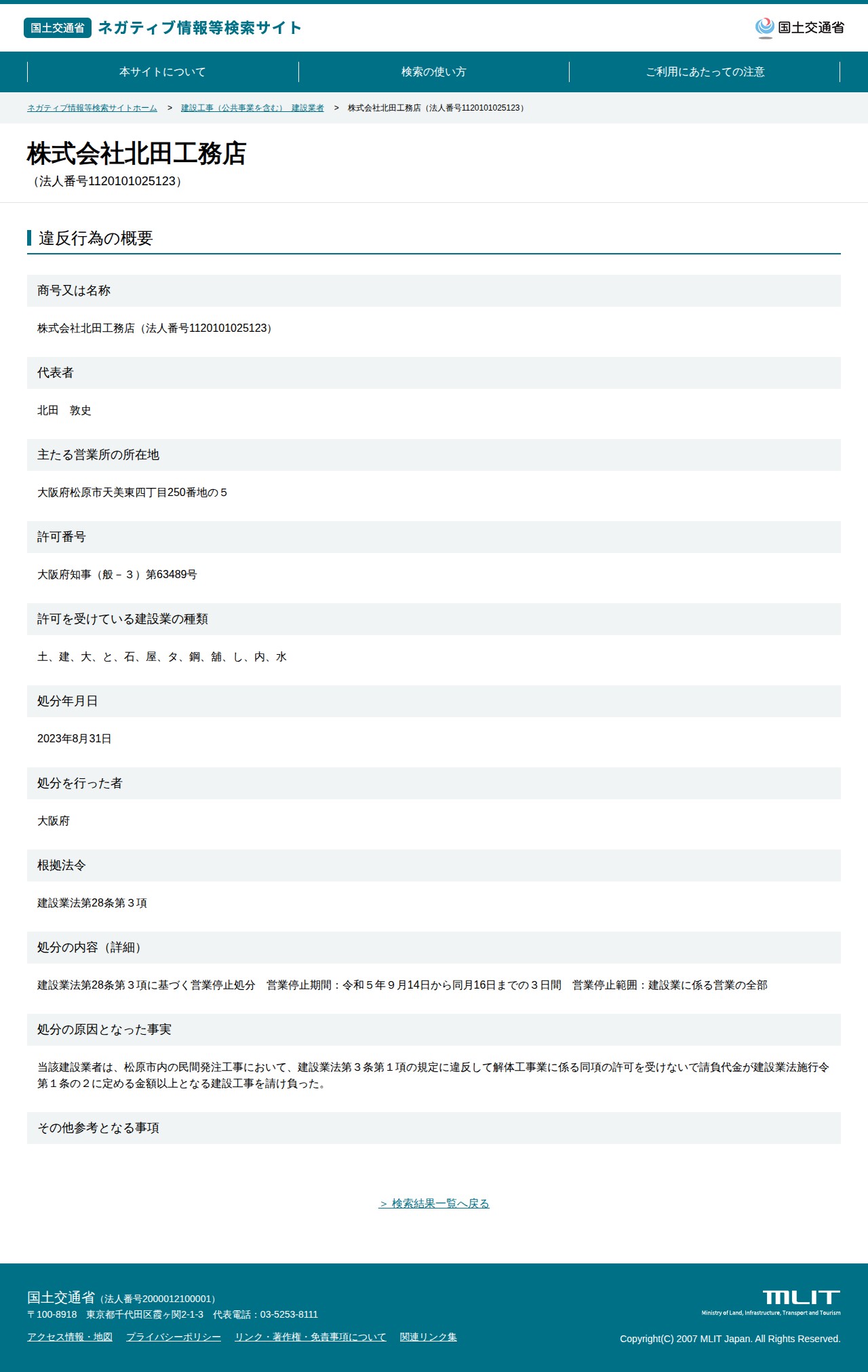 株式会社北田工務店(法人番号1120101025123) - 国土交通省 ネガティブ情報等検索サイト - 保存されたスクリーンショット