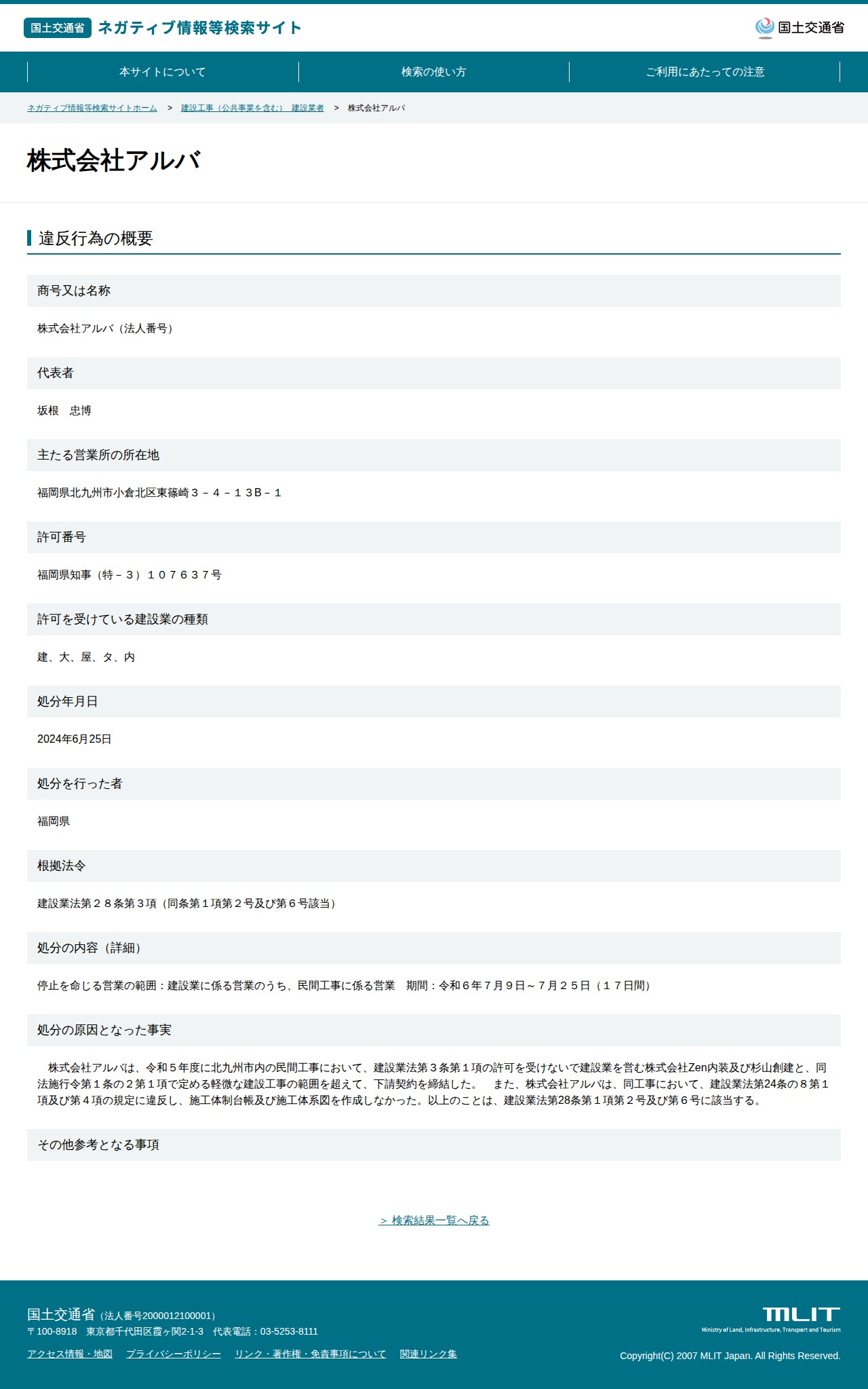 株式会社アルバ - 国土交通省 ネガティブ情報等検索サイト - 保存されたスクリーンショット