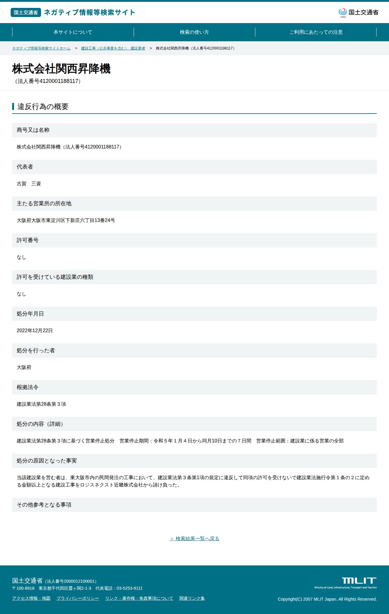 株式会社関西昇降機(法人番号4120001188117) - 国土交通省 ネガティブ情報等検索サイト - 保存されたスクリーンショット