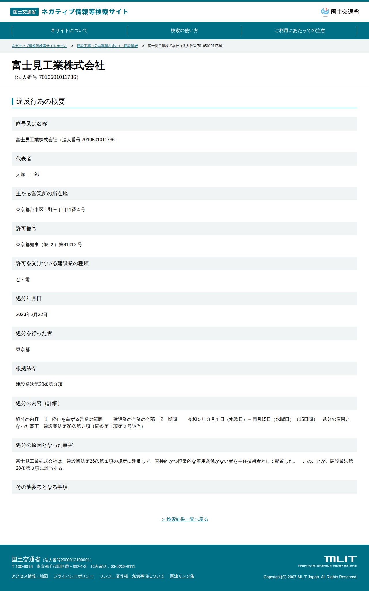 富士見工業株式会社(法人番号 7010501011736) - 国土交通省 ネガティブ情報等検索サイト - 保存されたスクリーンショット