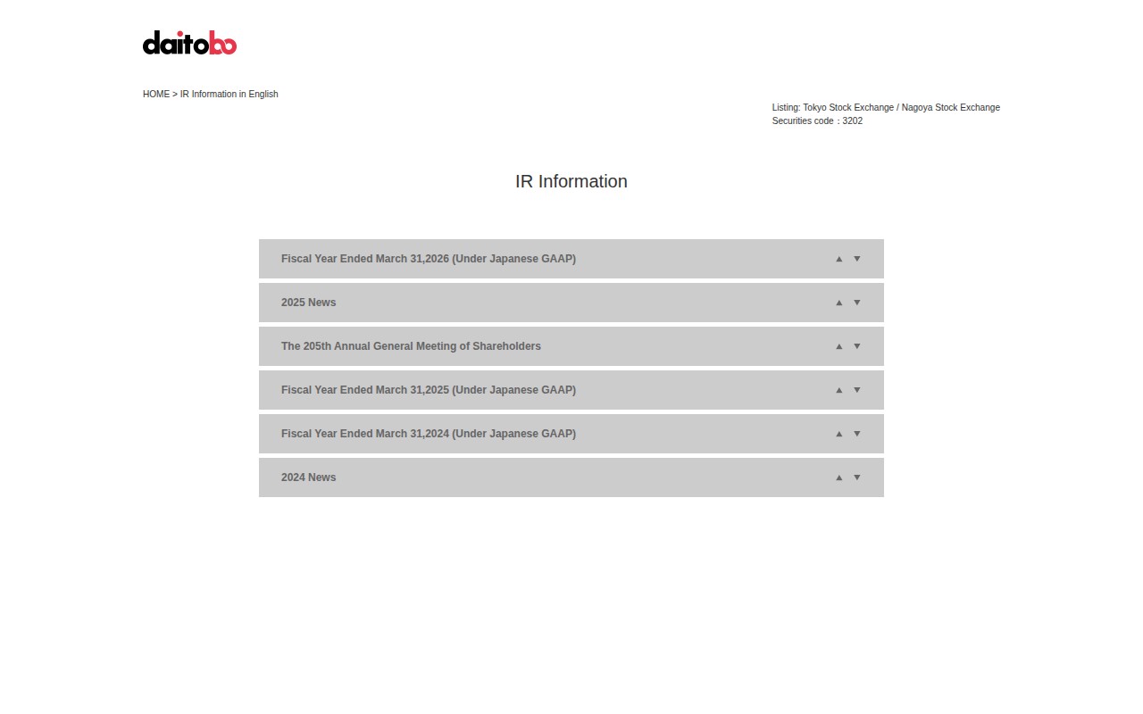 IR Information in English Daitobo Co.,Ltd. - 保存されたスクリーンショット
