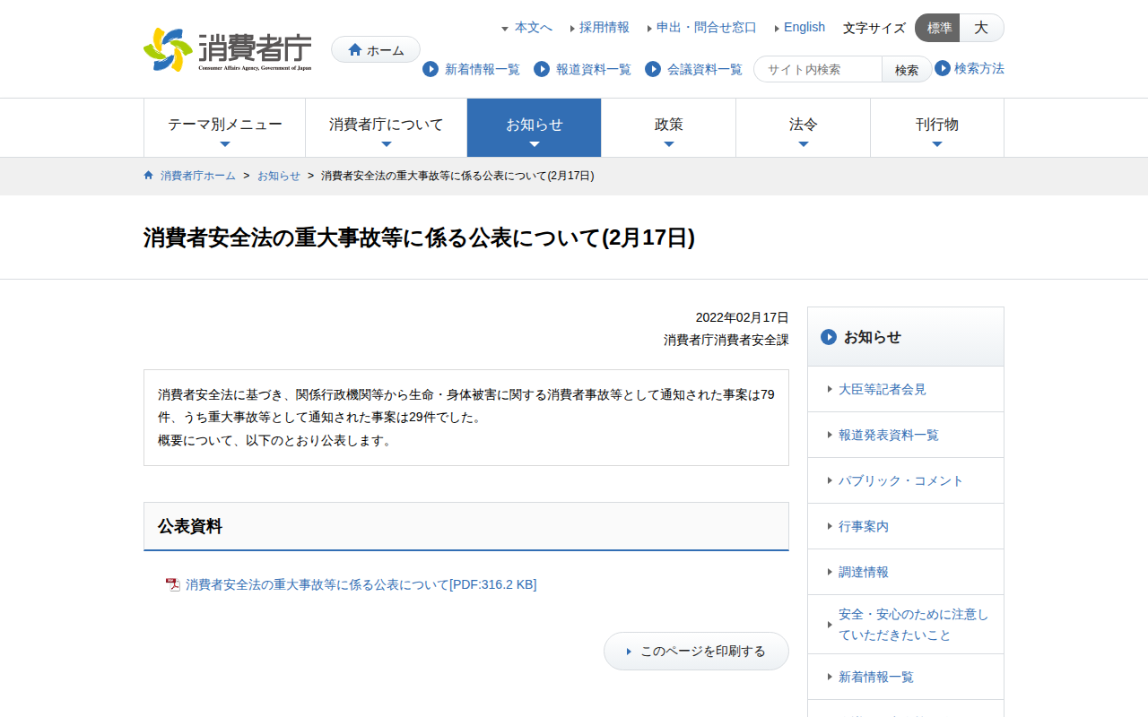 消費者安全法の重大事故等に係る公表について(2月17日) | 消費者庁 - 保存されたスクリーンショット
