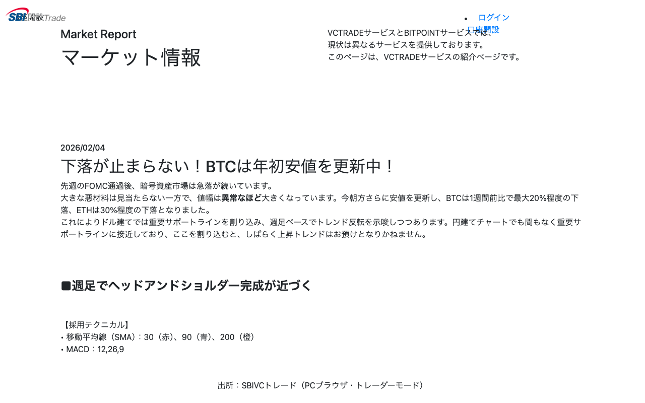 2026年2月4日 下落が止まらない!BTCは年初安値を更新中!|暗号資産(仮想通貨)・電子決済手段の取引所|SBI VCトレード - 保存されたスクリーンショット