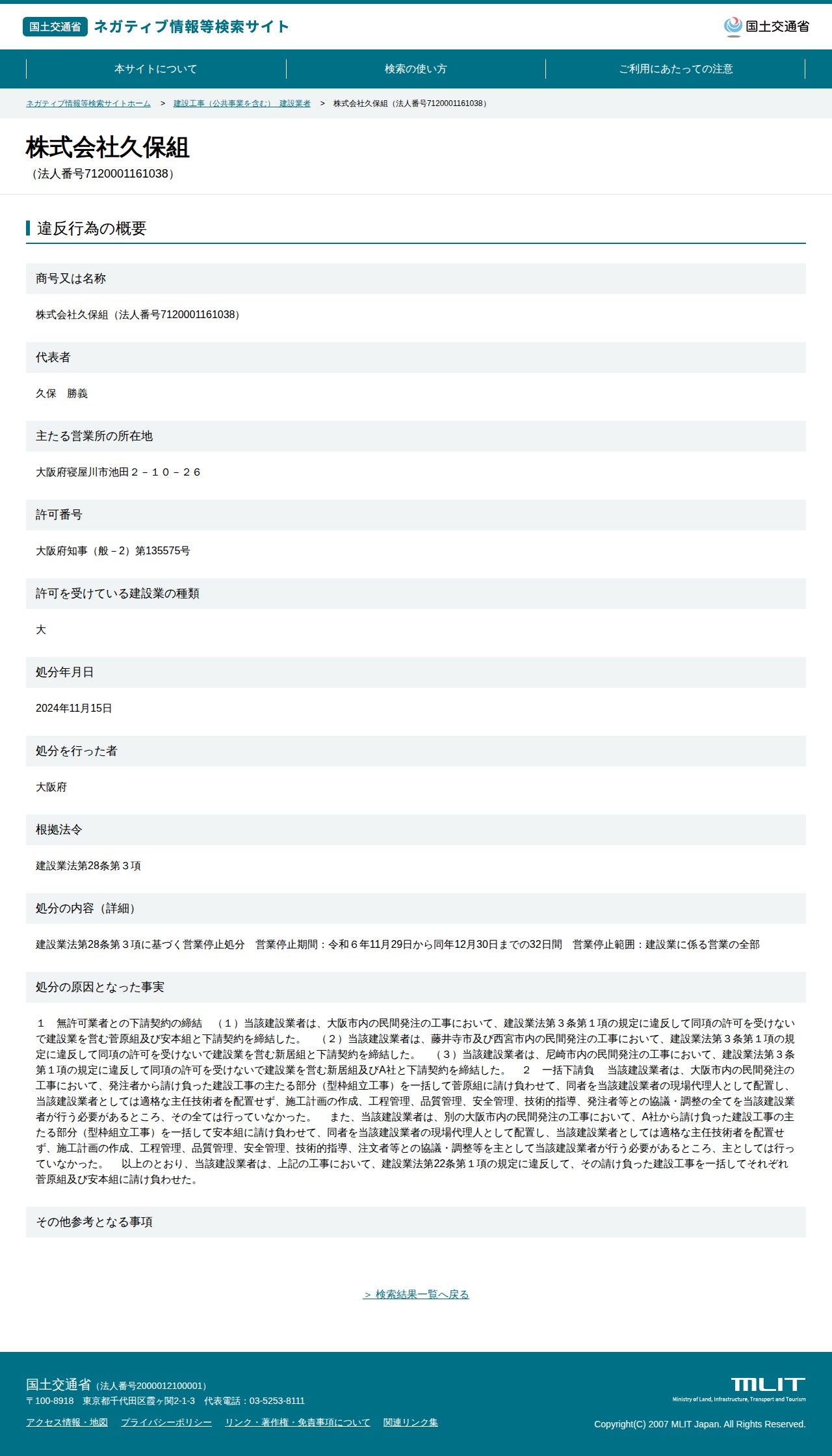株式会社久保組(法人番号7120001161038) - 国土交通省 ネガティブ情報等検索サイト - 保存されたスクリーンショット