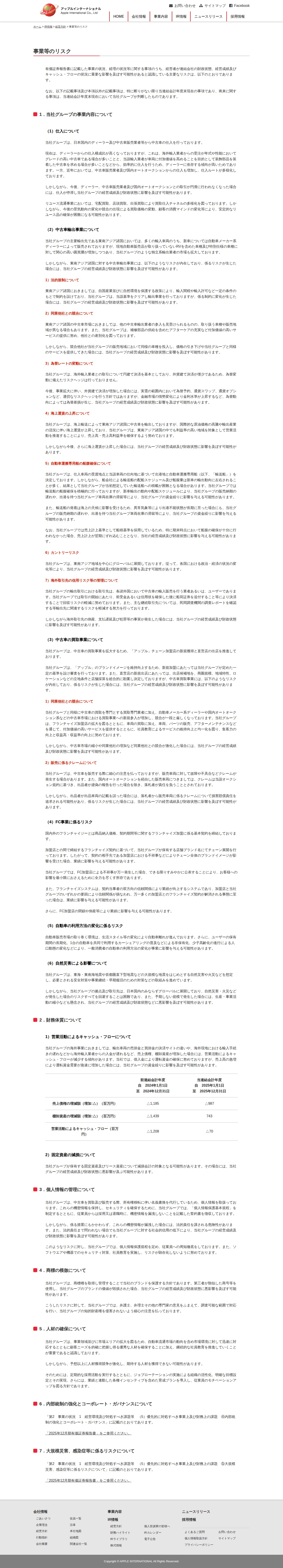 事業等のリスク | アップルインターナショナル株式会社 - 保存されたスクリーンショット