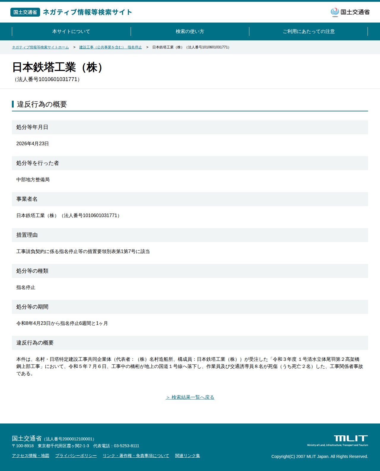 日本鉄塔工業(株)(法人番号1010601031771) - 国土交通省 ネガティブ情報等検索サイト - 保存されたスクリーンショット