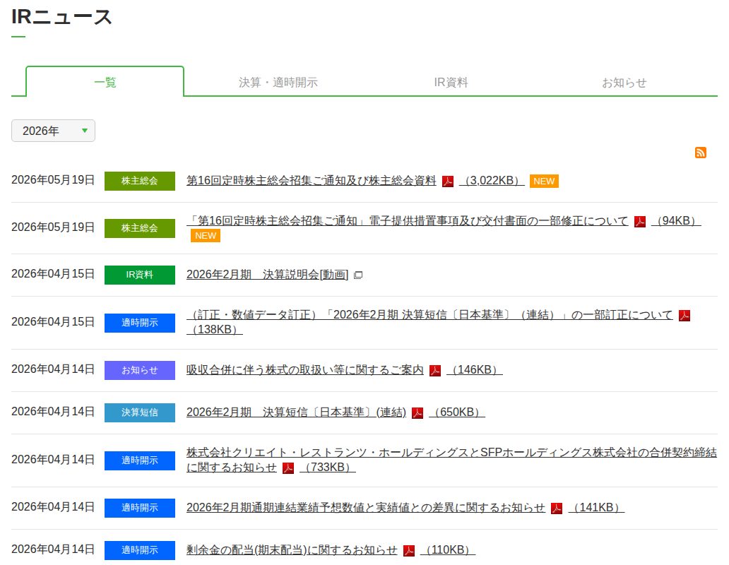 IRニュース | IR情報 | SFPホールディングス - 保存されたスクリーンショット