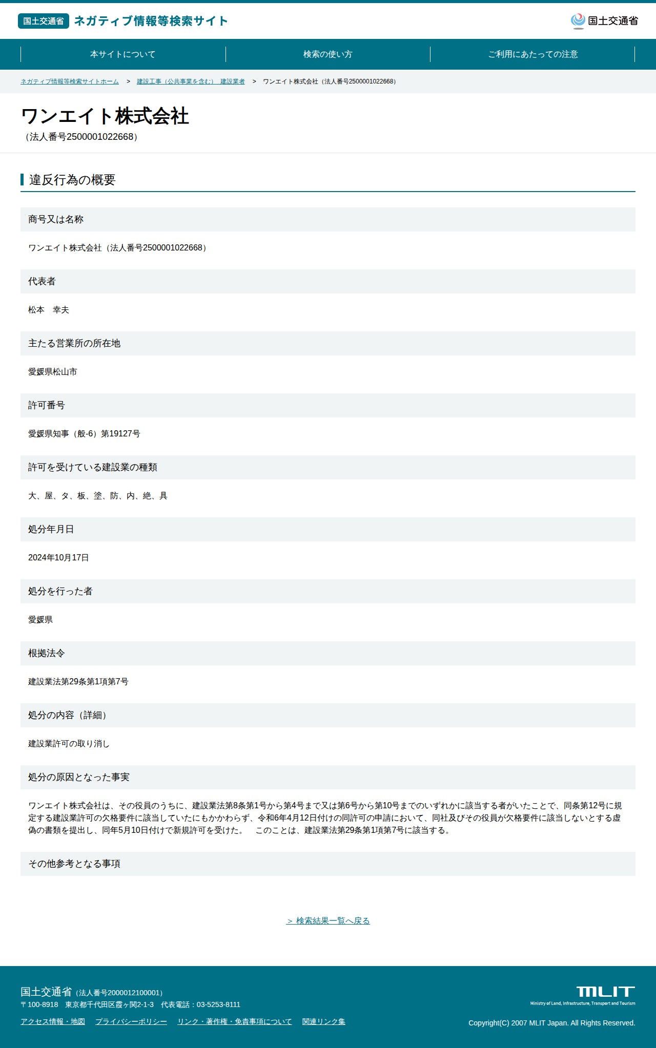 ワンエイト株式会社(法人番号2500001022668) - 国土交通省 ネガティブ情報等検索サイト - 保存されたスクリーンショット