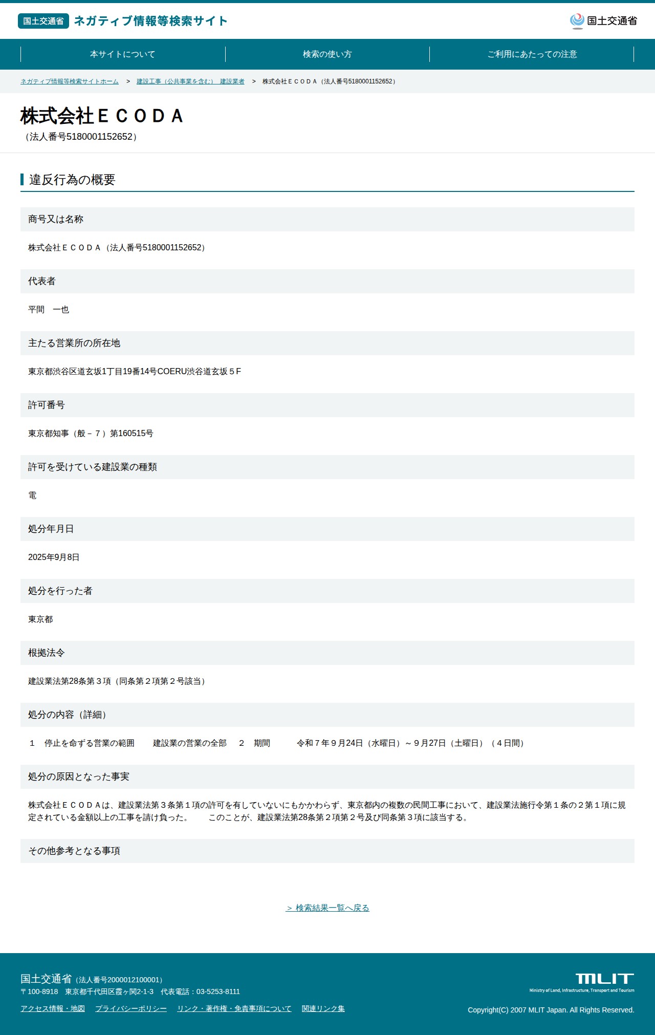 株式会社ECODA(法人番号5180001152652) - 国土交通省 ネガティブ情報等検索サイト - 保存されたスクリーンショット