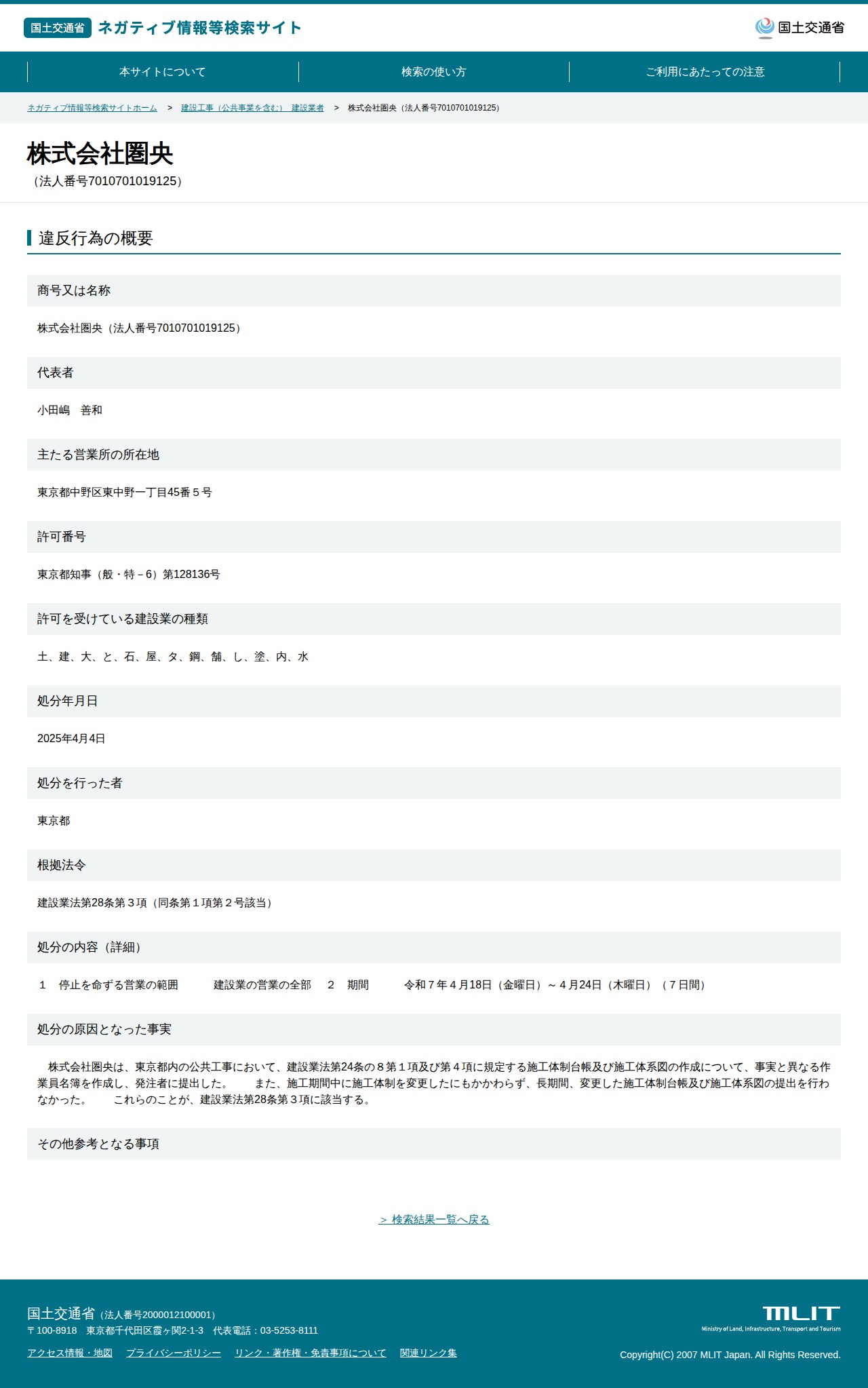株式会社圏央(法人番号7010701019125) - 国土交通省 ネガティブ情報等検索サイト - 保存されたスクリーンショット