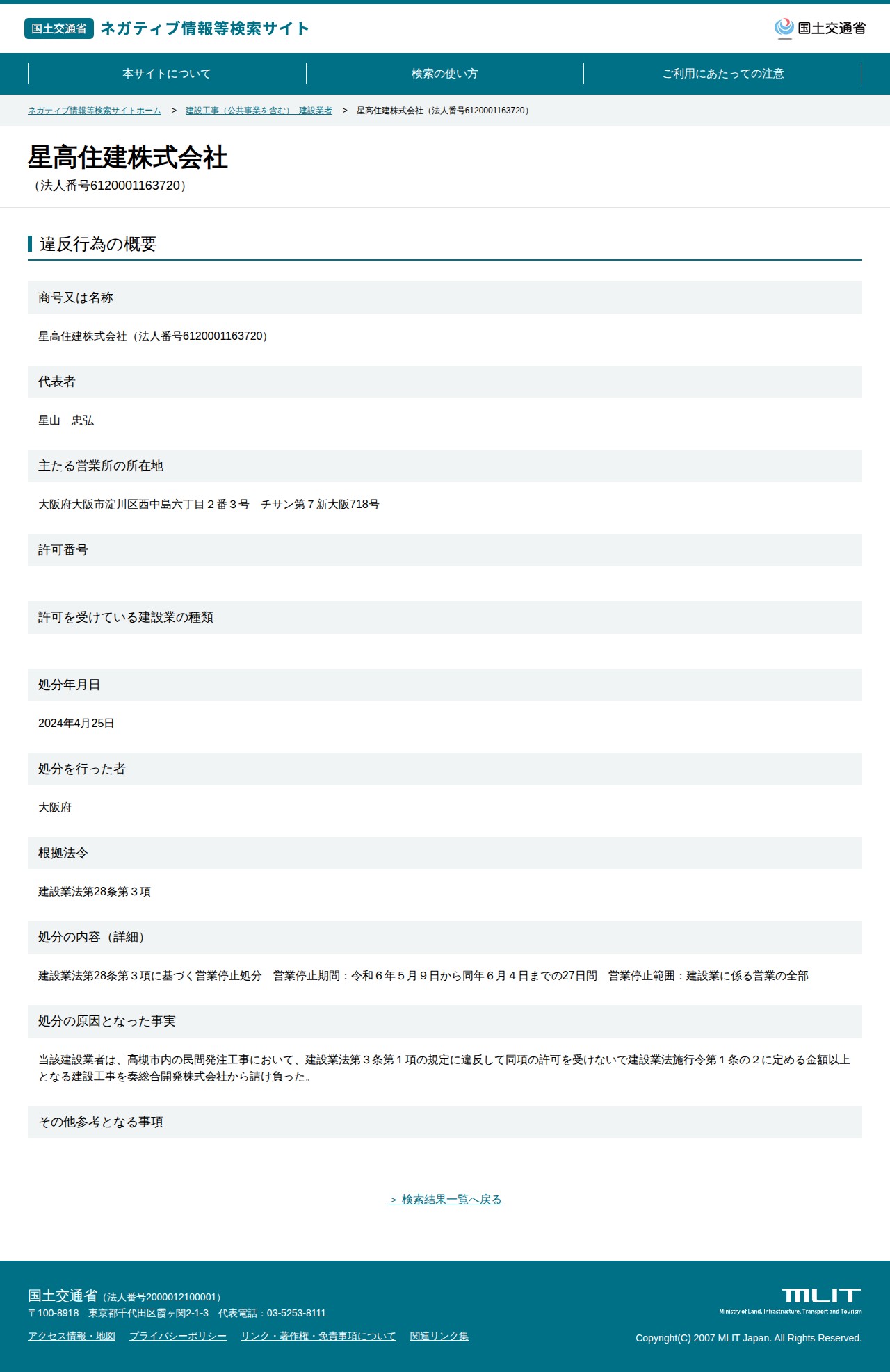 星高住建株式会社(法人番号6120001163720) - 国土交通省 ネガティブ情報等検索サイト - 保存されたスクリーンショット