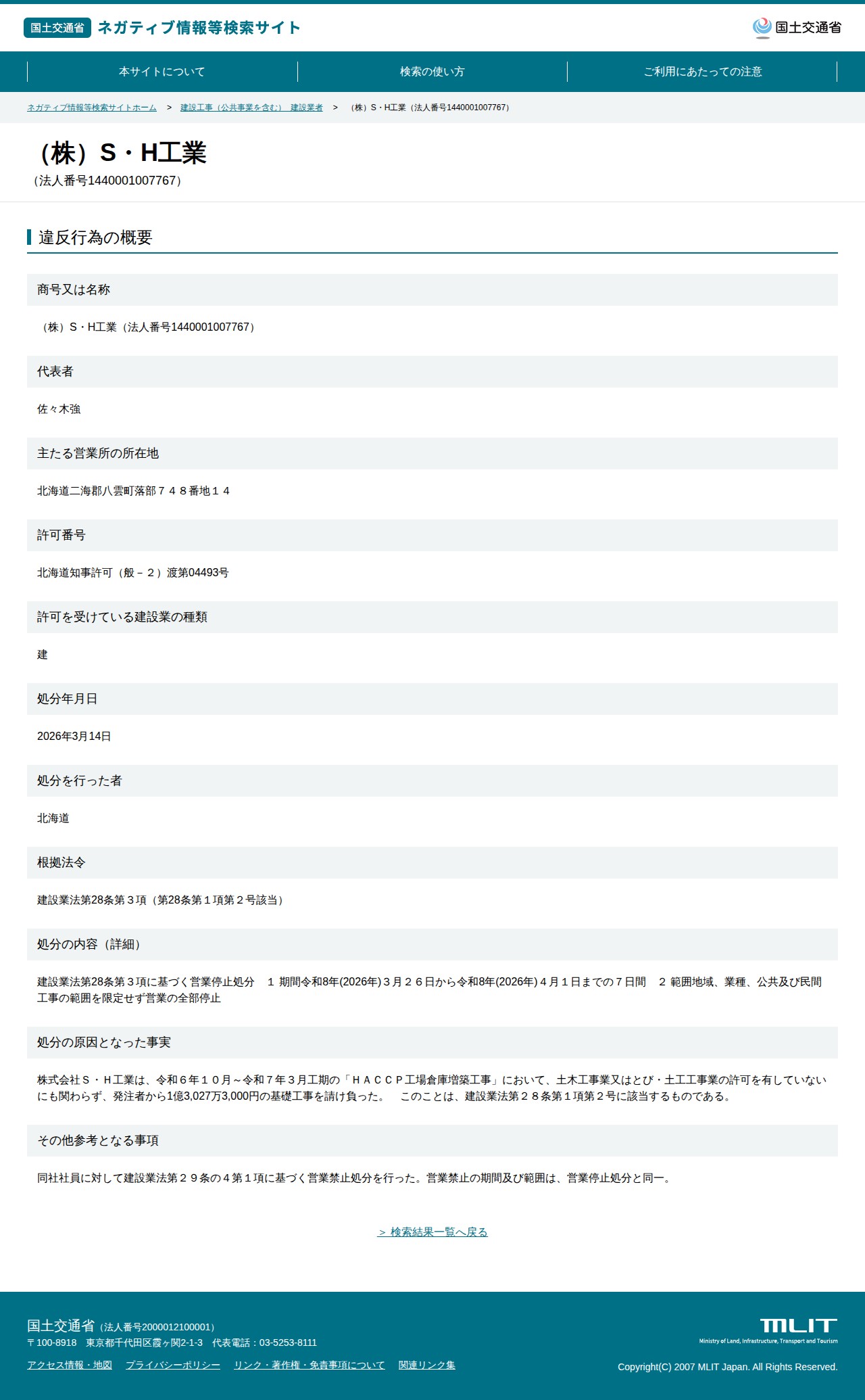 (株)S・H工業(法人番号1440001007767) - 国土交通省 ネガティブ情報等検索サイト - 保存されたスクリーンショット