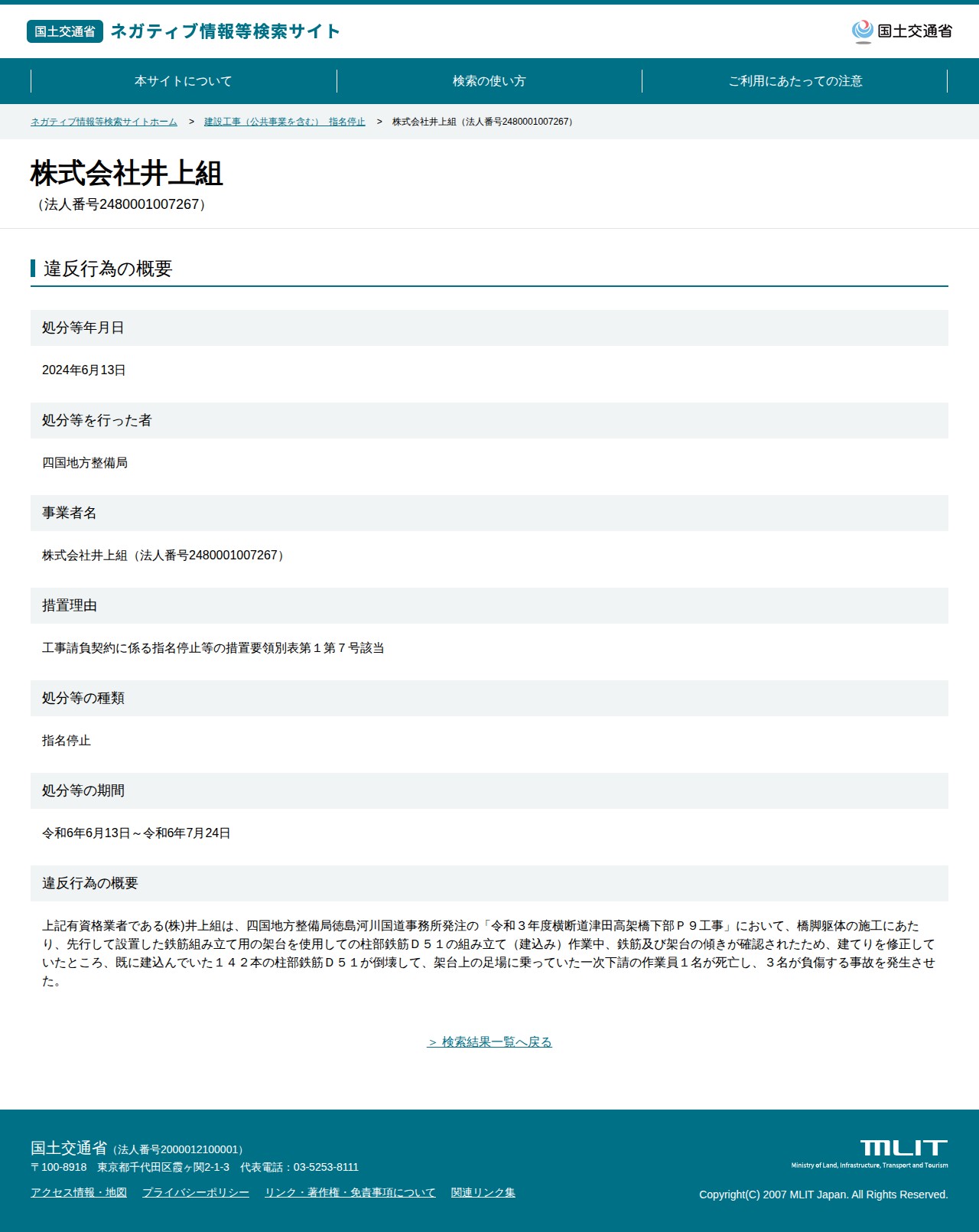 株式会社井上組(法人番号2480001007267) - 国土交通省 ネガティブ情報等検索サイト - 保存されたスクリーンショット