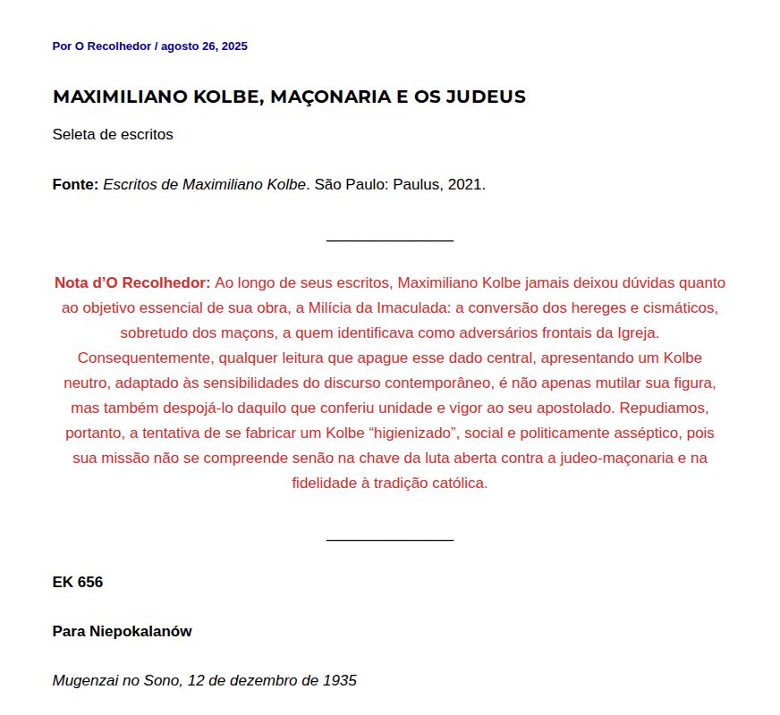 Maximiliano Kolbe, maçonaria e os judeus - O Recolhedor - 保存されたスクリーンショット