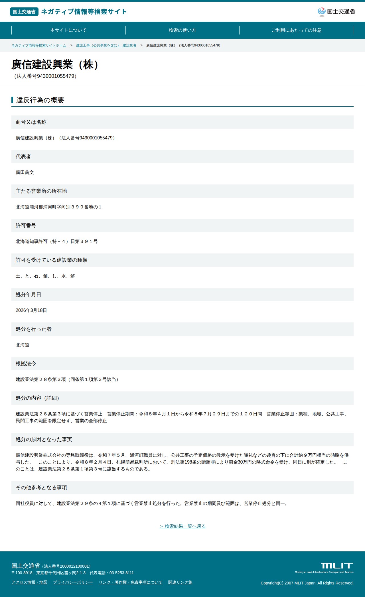 廣信建設興業(株)(法人番号9430001055479) - 国土交通省 ネガティブ情報等検索サイト - 保存されたスクリーンショット
