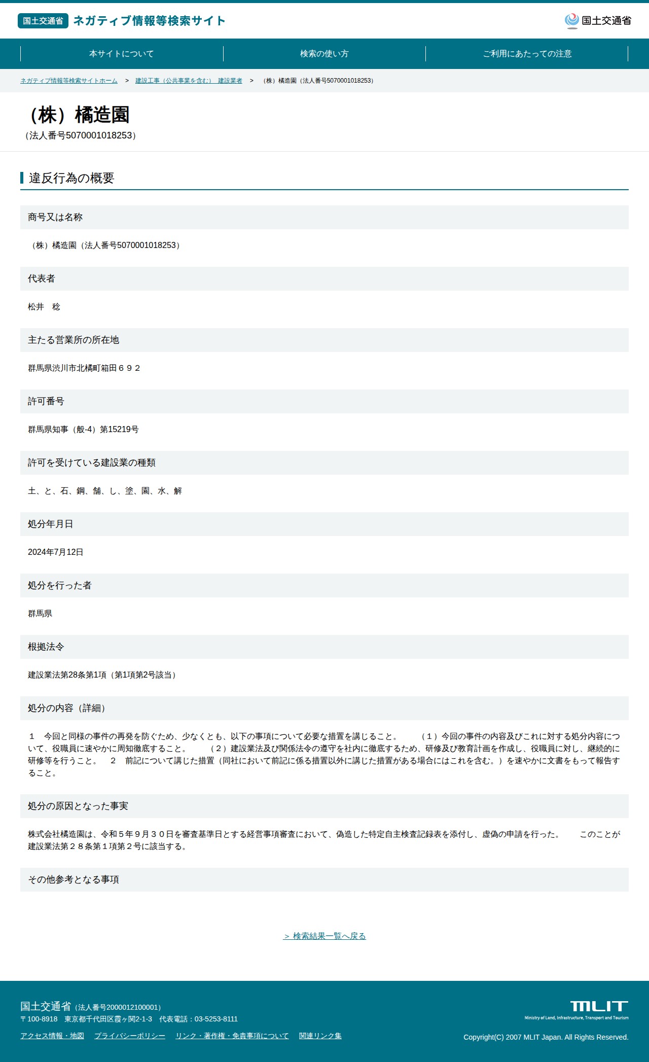(株)橘造園(法人番号5070001018253) - 国土交通省 ネガティブ情報等検索サイト - 保存されたスクリーンショット