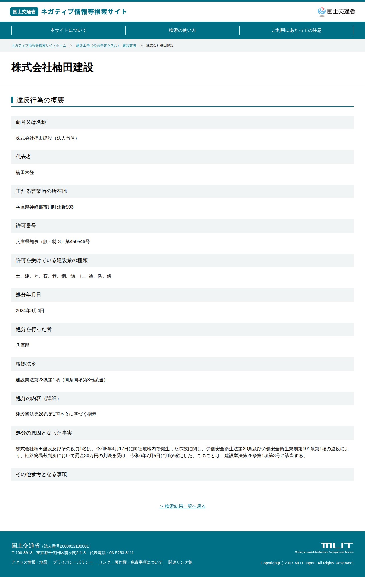 株式会社楠田建設 - 国土交通省 ネガティブ情報等検索サイト - 保存されたスクリーンショット
