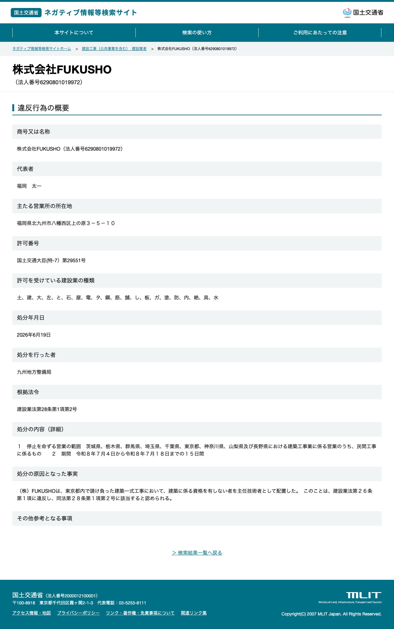 株式会社FUKUSHO(法人番号6290801019972) - 国土交通省 ネガティブ情報等検索サイト - 保存されたスクリーンショット
