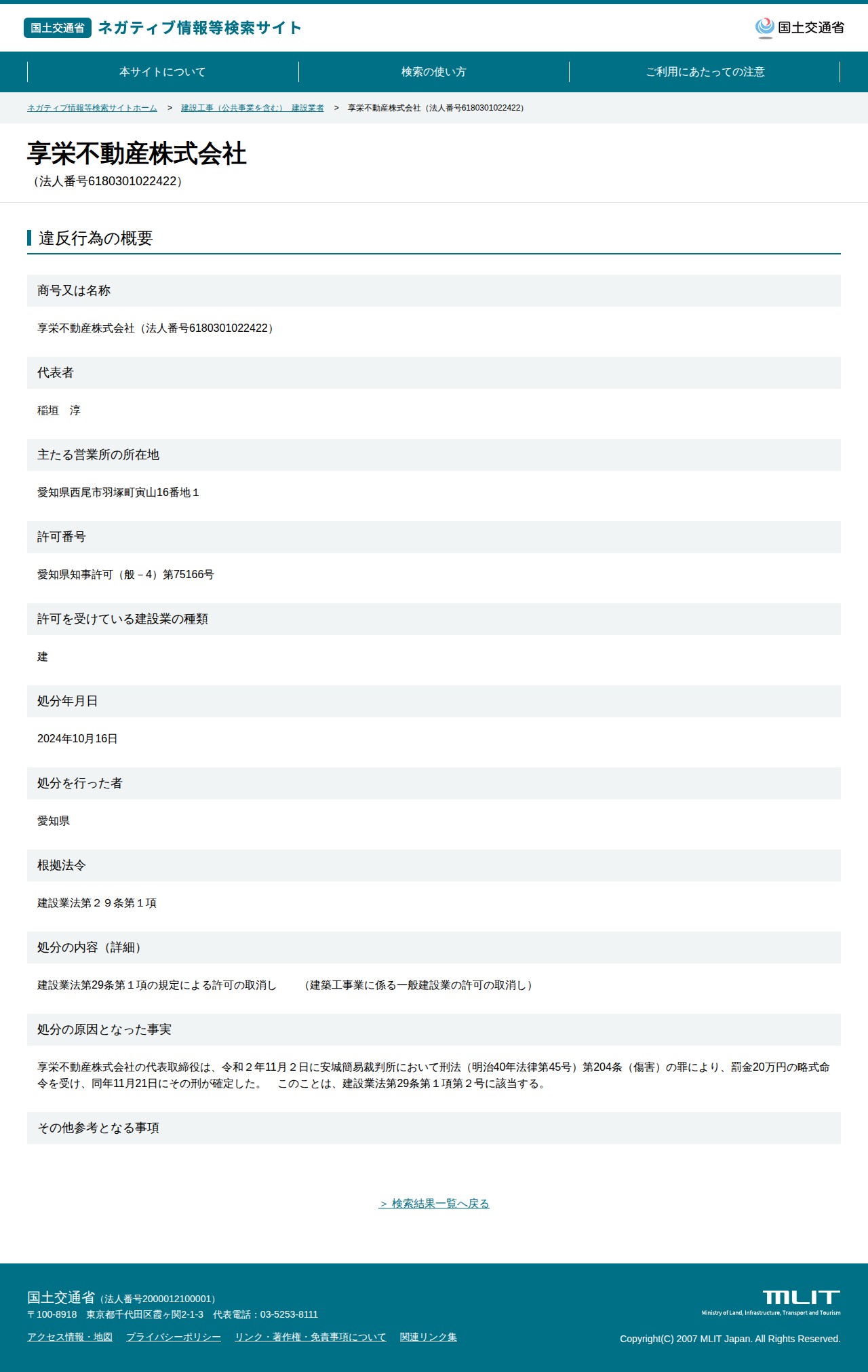 享栄不動産株式会社(法人番号6180301022422) - 国土交通省 ネガティブ情報等検索サイト - 保存されたスクリーンショット