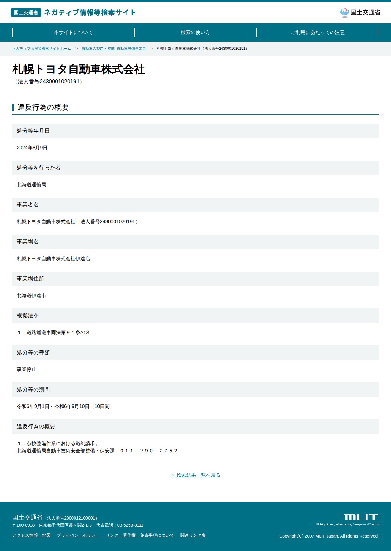 札幌トヨタ自動車株式会社(法人番号2430001020191) - 国土交通省 ネガティブ情報等検索サイト - 保存されたスクリーンショット