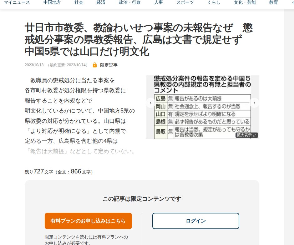 廿日市市教委、教諭わいせつ事案の未報告なぜ 懲戒処分事案の県教委報告、広島は文書で規定せず 中国5県では山口だけ明文化 | 中国新聞デジタル - 保存されたスクリーンショット
