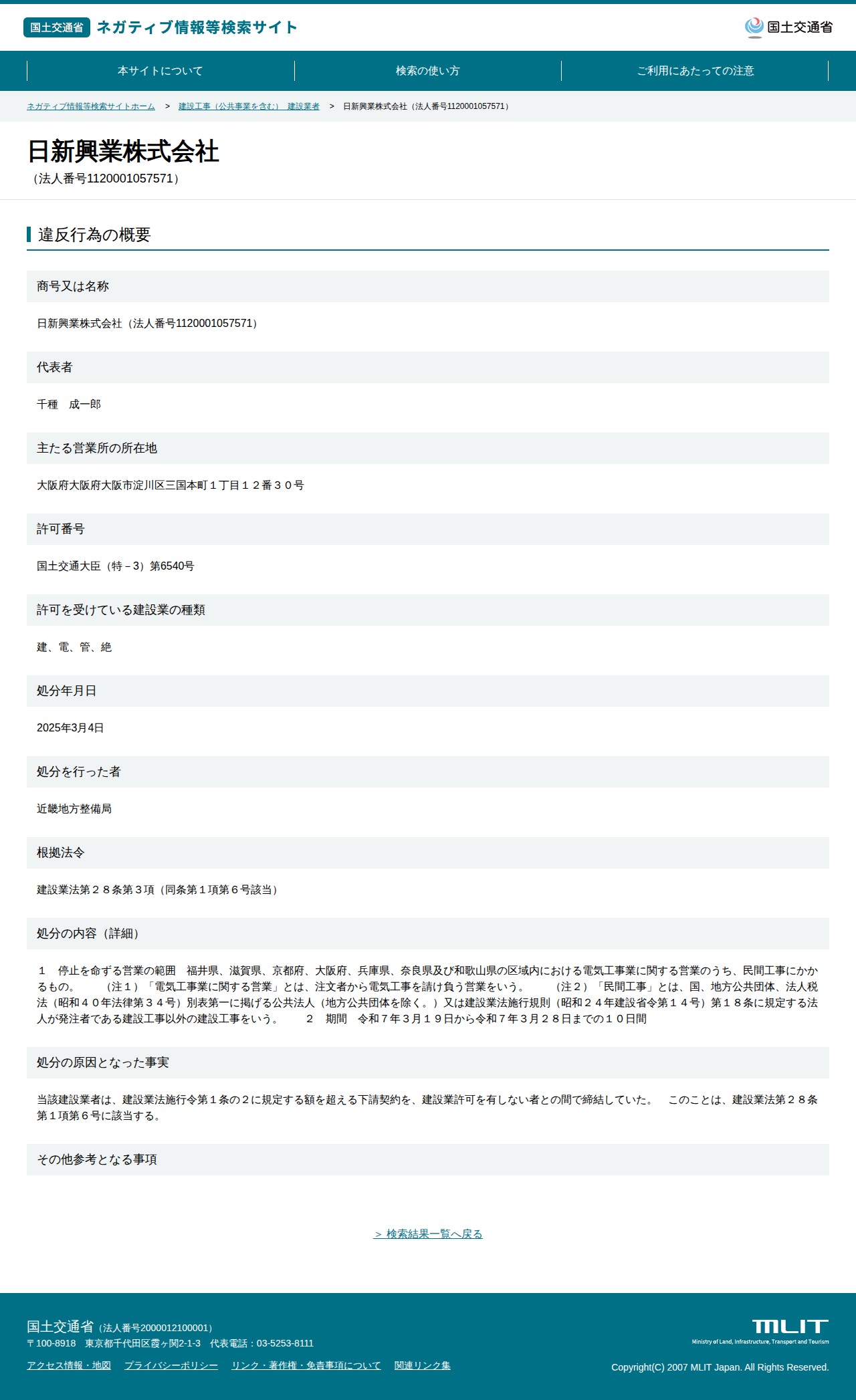 日新興業株式会社(法人番号1120001057571) - 国土交通省 ネガティブ情報等検索サイト - 保存されたスクリーンショット