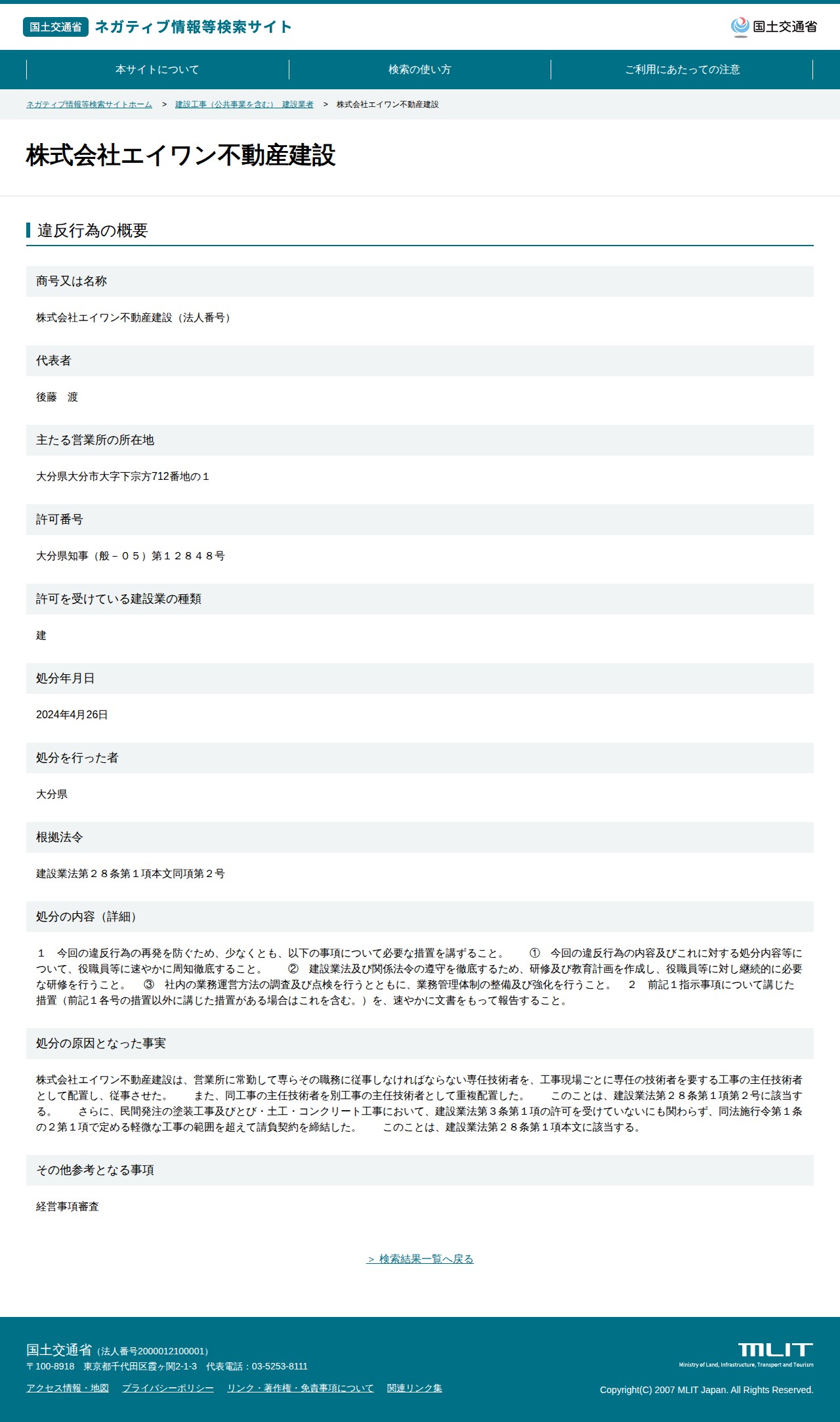 株式会社エイワン不動産建設 - 国土交通省 ネガティブ情報等検索サイト - 保存されたスクリーンショット