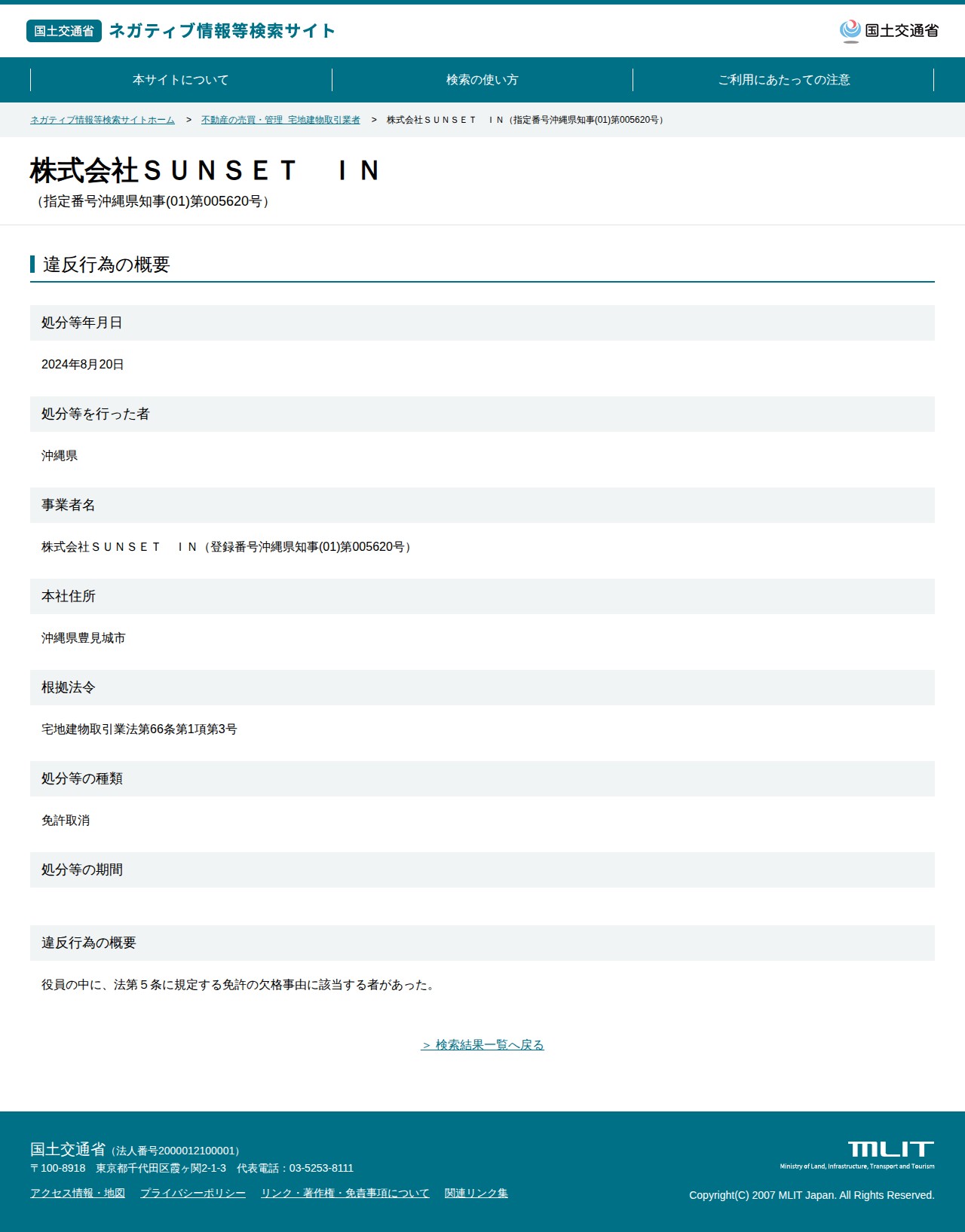 株式会社SUNSET IN(指定番号沖縄県知事(01)第005620号) - 国土交通省 ネガティブ情報等検索サイト - 保存されたスクリーンショット