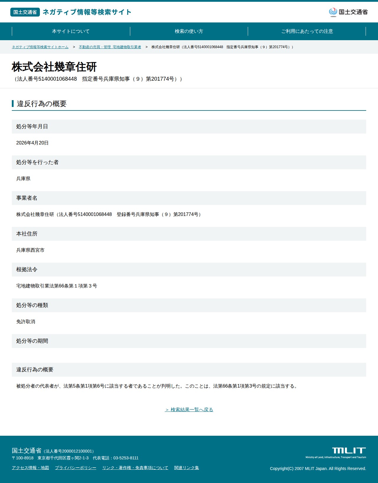 株式会社幾章住研(法人番号5140001068448 指定番号兵庫県知事(9)第201774号)) - 国土交通省 ネガティブ情報等検索サイト - 保存されたスクリーンショット