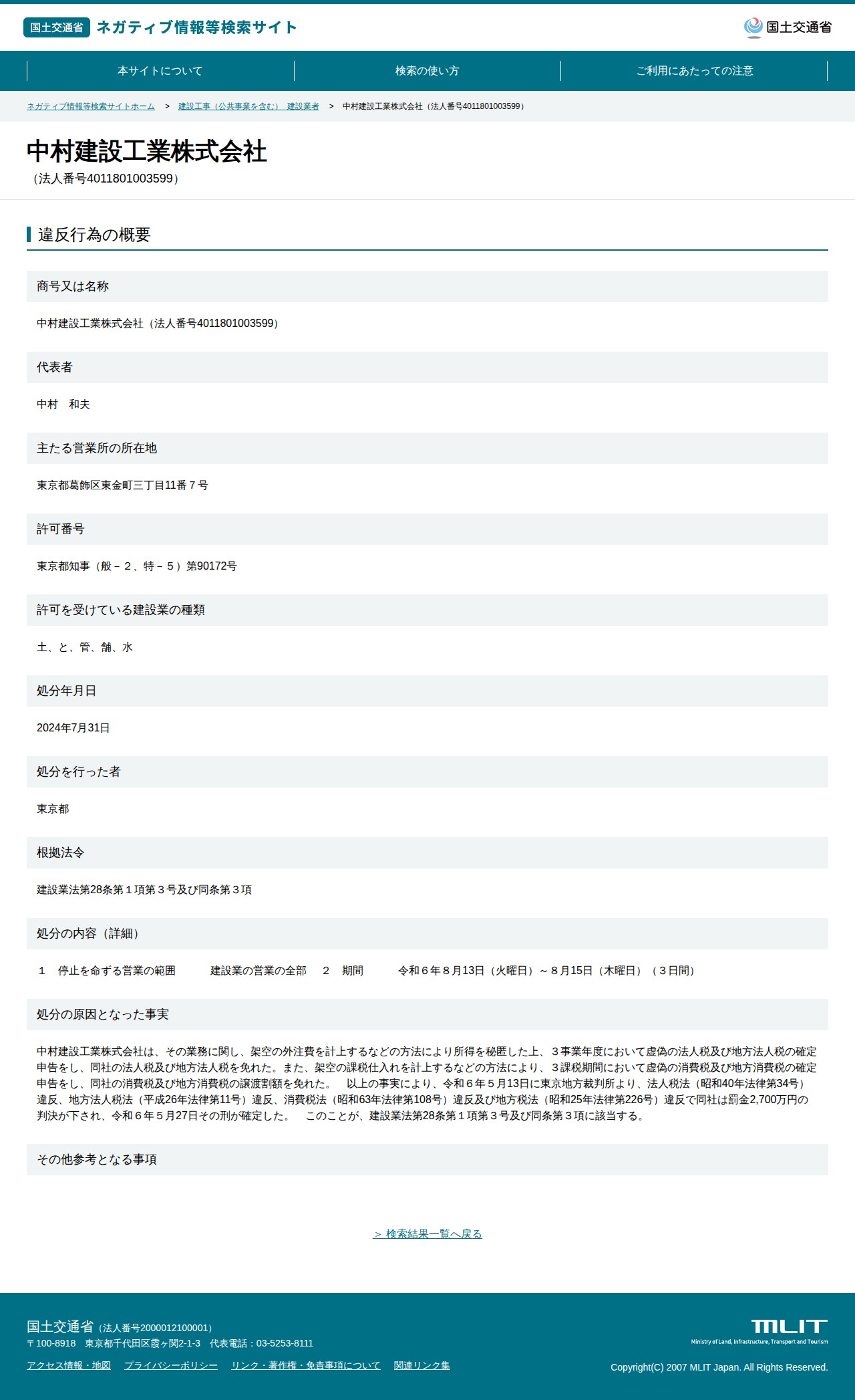 中村建設工業株式会社(法人番号4011801003599) - 国土交通省 ネガティブ情報等検索サイト - 保存されたスクリーンショット