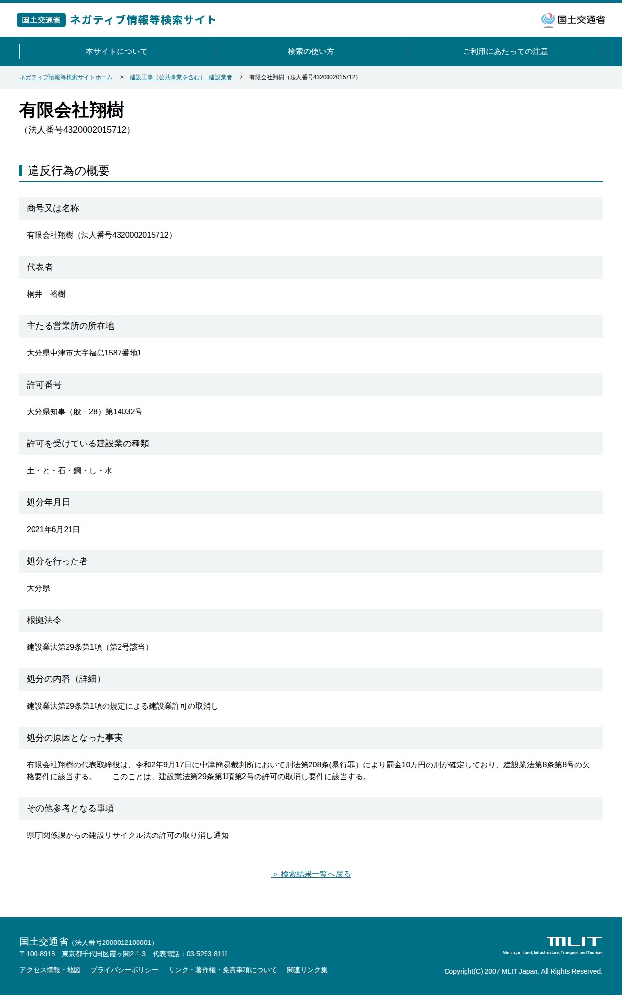 有限会社翔樹(法人番号4320002015712) - 国土交通省 ネガティブ情報等検索サイト - 保存されたスクリーンショット