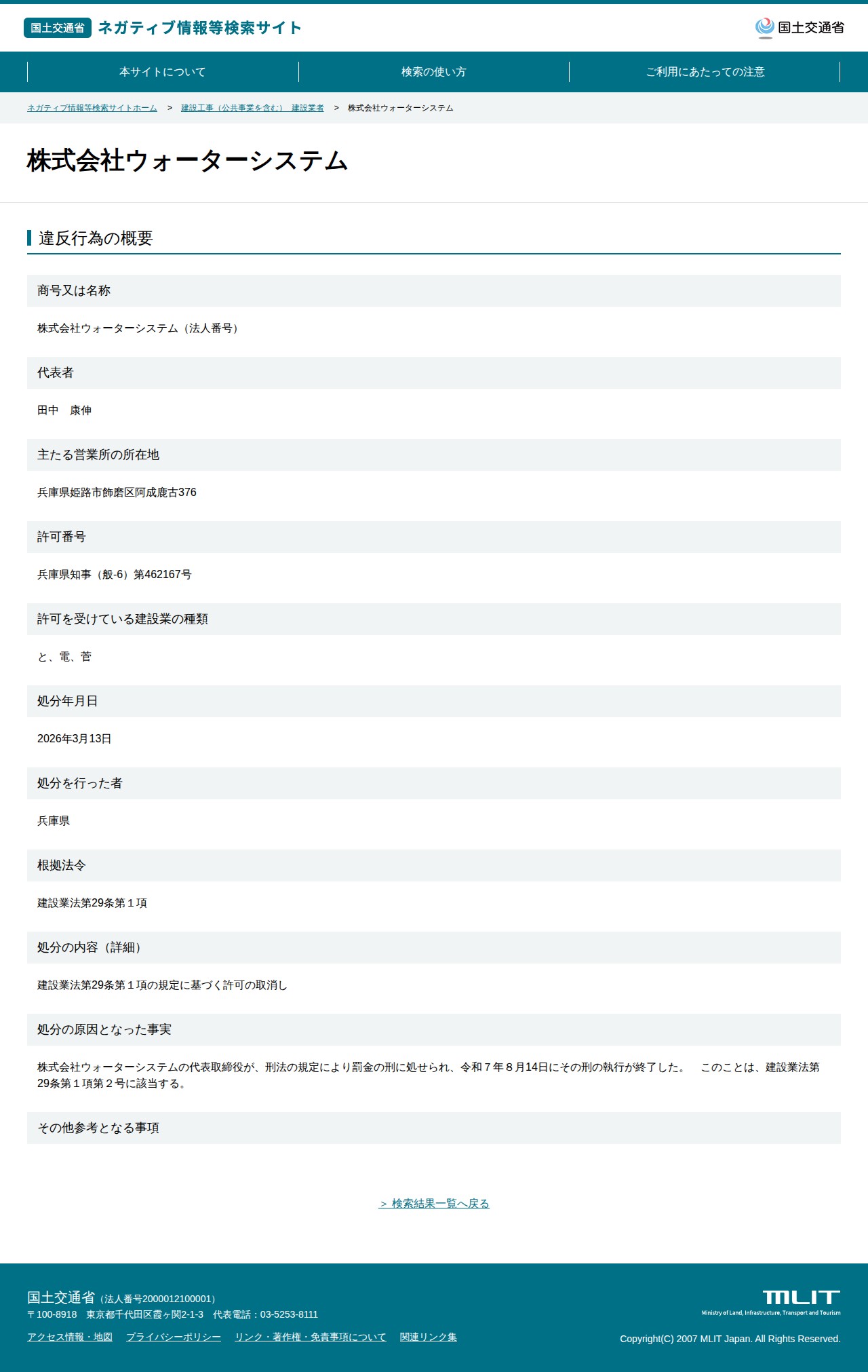 株式会社ウォーターシステム - 国土交通省 ネガティブ情報等検索サイト - 保存されたスクリーンショット
