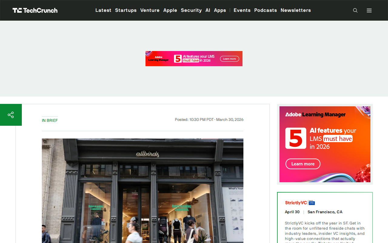 Allbirds is selling for $39 million. It raised nearly 10 times that amount in its IPO. | TechCrunch - Saved screenshot