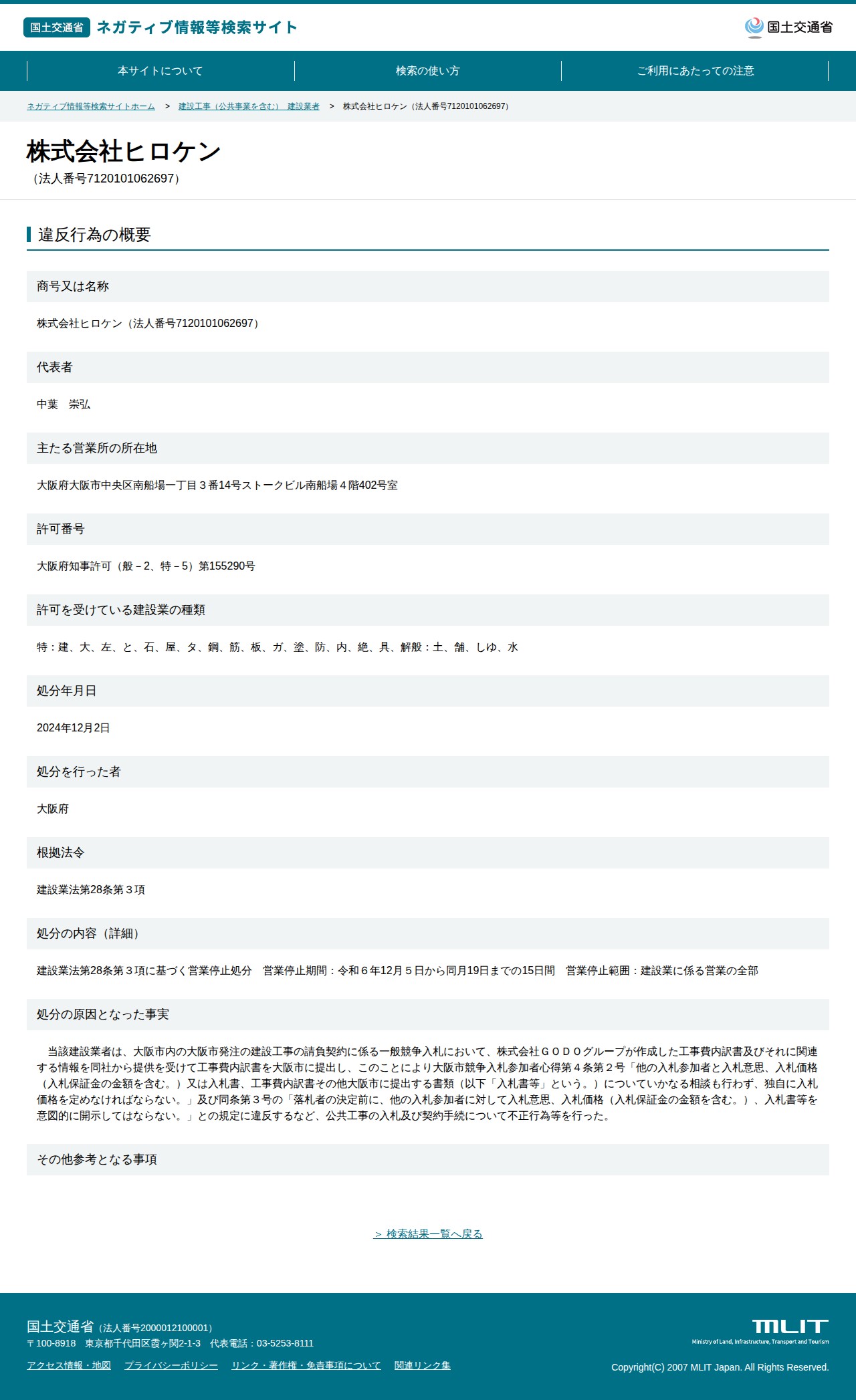 株式会社ヒロケン(法人番号7120101062697) - 国土交通省 ネガティブ情報等検索サイト - 保存されたスクリーンショット