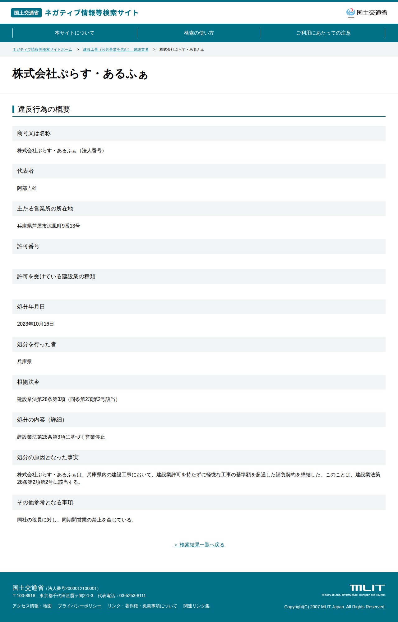 株式会社ぷらす・あるふぁ - 国土交通省 ネガティブ情報等検索サイト - 保存されたスクリーンショット