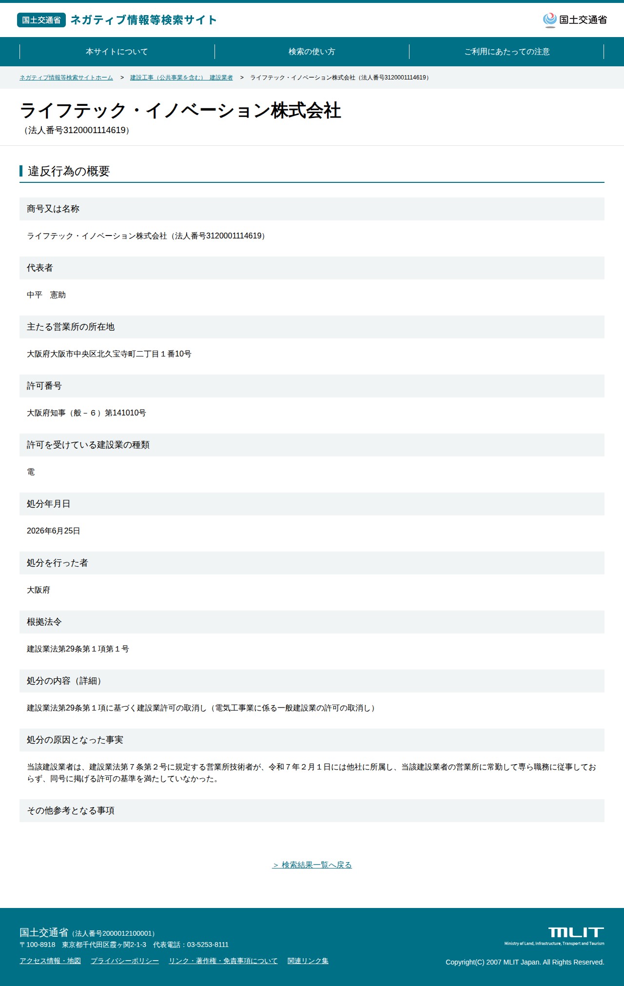 ライフテック・イノベーション株式会社(法人番号3120001114619) - 国土交通省 ネガティブ情報等検索サイト - 保存されたスクリーンショット