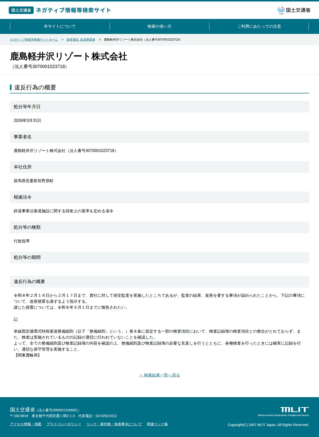 鹿島軽井沢リゾート株式会社(法人番号3070001023718) - 国土交通省 ネガティブ情報等検索サイト - 保存されたスクリーンショット