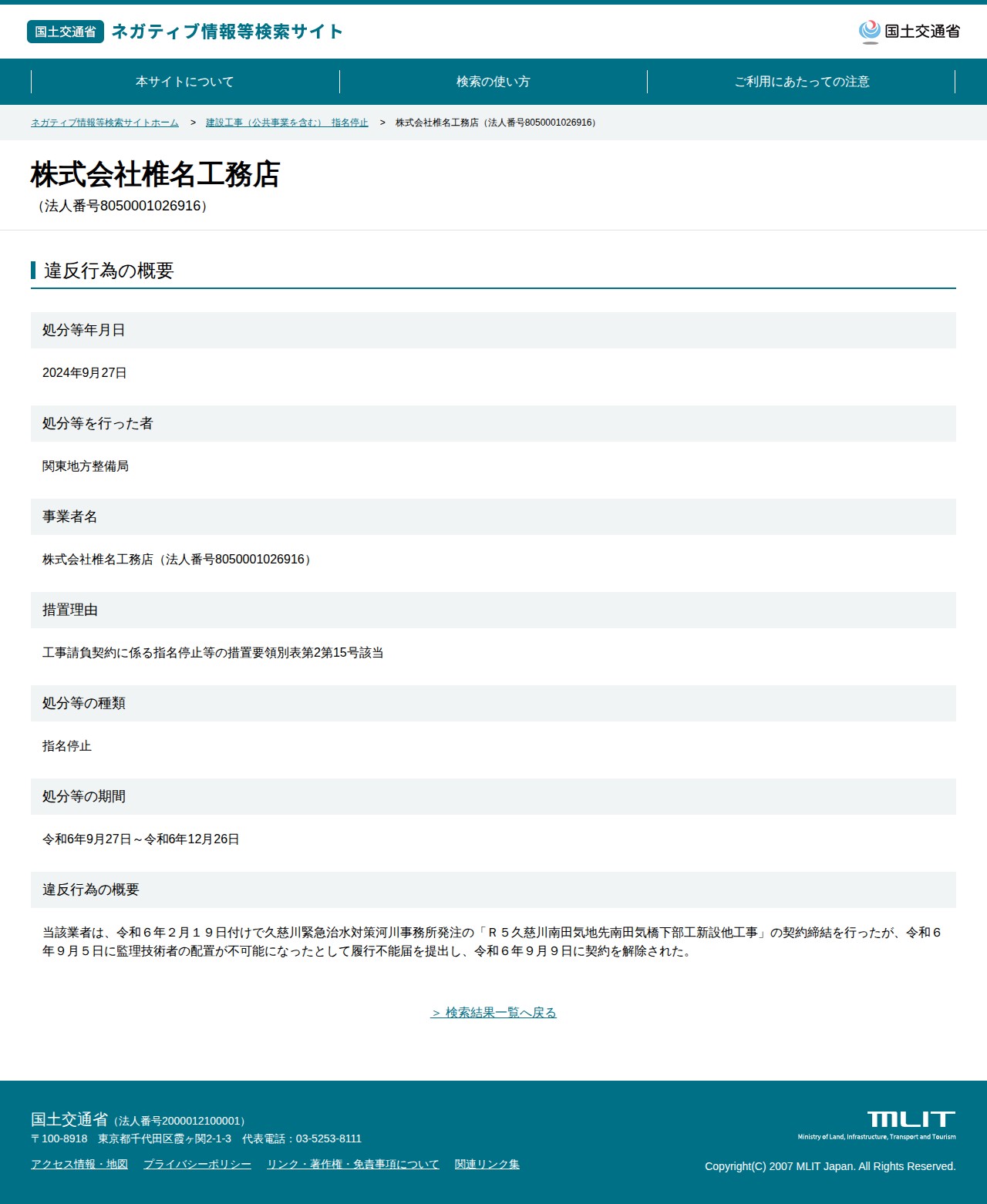 株式会社椎名工務店(法人番号8050001026916) - 国土交通省 ネガティブ情報等検索サイト - 保存されたスクリーンショット