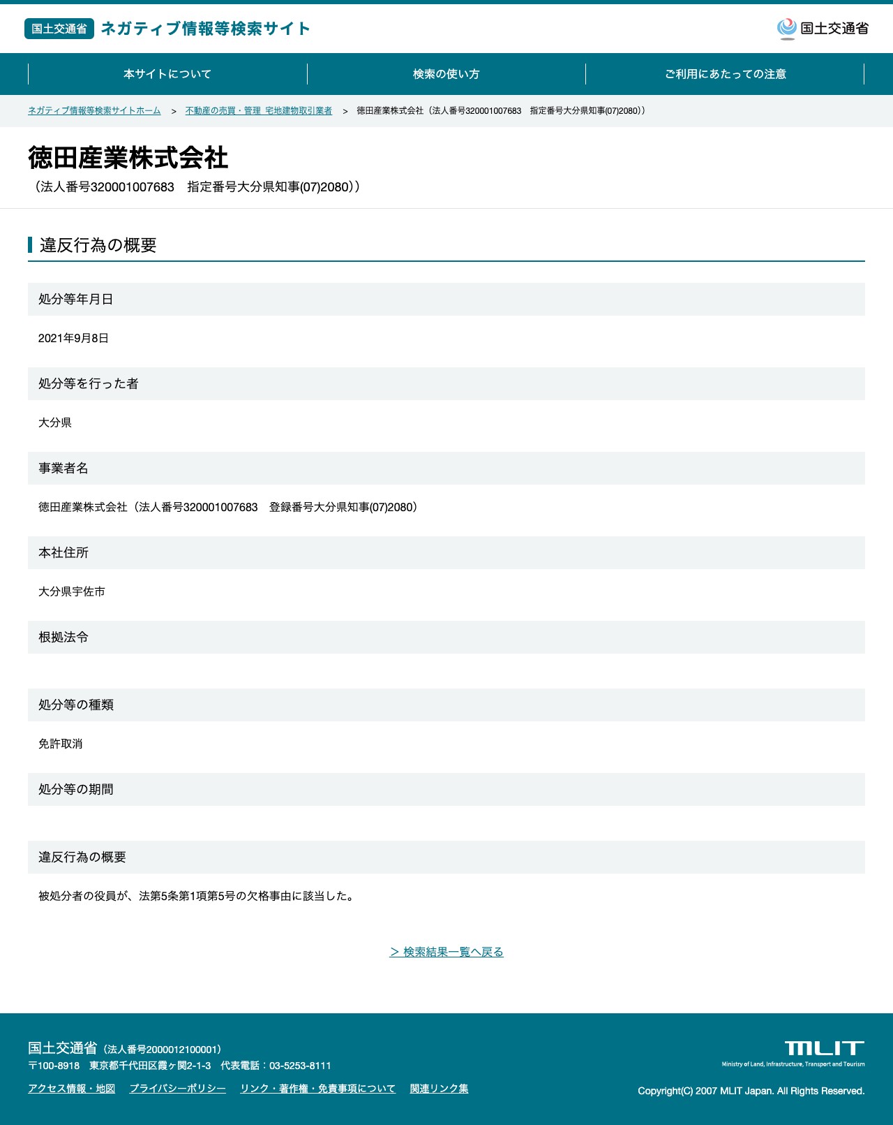 徳田産業株式会社(法人番号320001007683 指定番号大分県知事(07)2080)) - 国土交通省 ネガティブ情報等検索サイト - 保存されたスクリーンショット