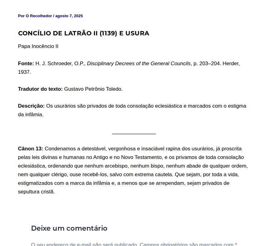 Concílio de Latrão II (1139) e usura - O Recolhedor - 保存されたスクリーンショット