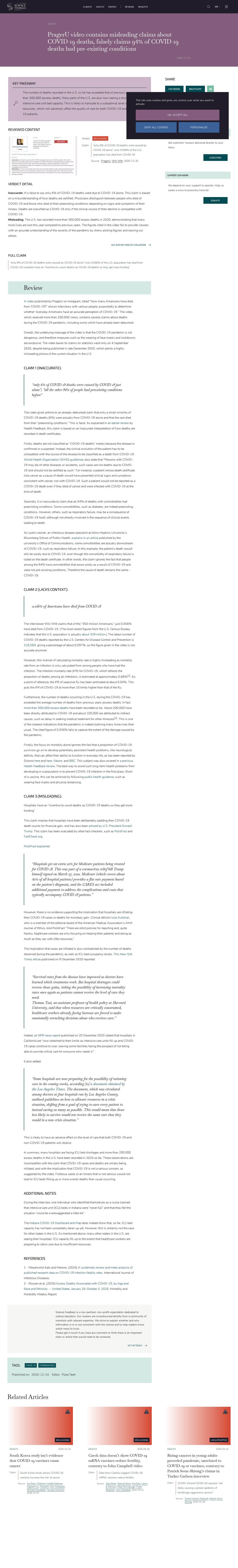 PragerU video contains misleading claims about COVID-19 deaths, falsely claims 94% of COVID-19 deaths had pre-existing conditions - Science Feedback - Saved screenshot