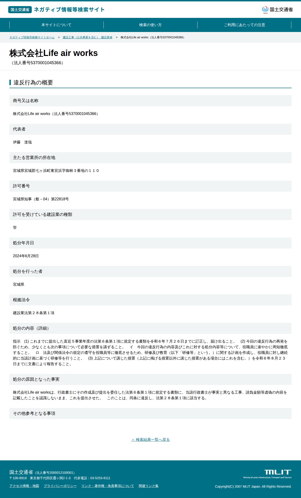株式会社Life air works(法人番号5370001045366) - 国土交通省 ネガティブ情報等検索サイト - 保存されたスクリーンショット
