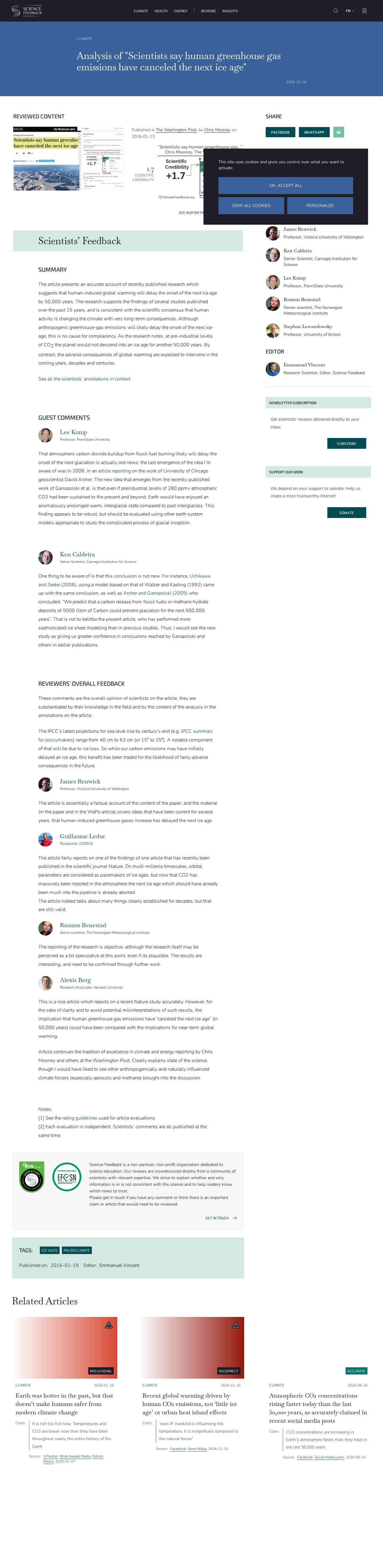 Analysis of "Scientists say human greenhouse gas emissions have canceled the next ice age" - Science Feedback - Saved screenshot