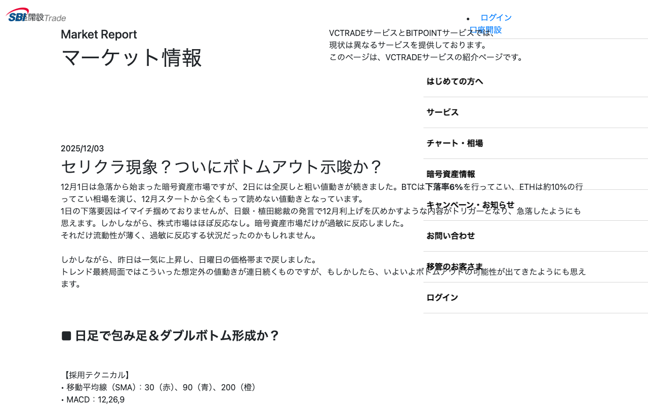 2025年12月3日 セリクラ現象?ついにボトムアウト示唆か?|暗号資産(仮想通貨)・電子決済手段の取引所|SBI VCトレード - 保存されたスクリーンショット