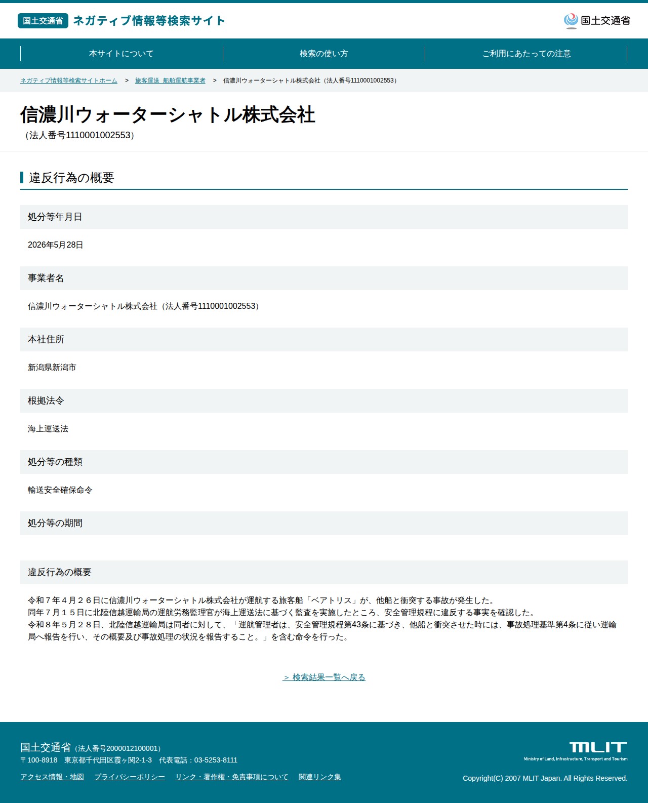 信濃川ウォーターシャトル株式会社(法人番号1110001002553) - 国土交通省 ネガティブ情報等検索サイト - 保存されたスクリーンショット