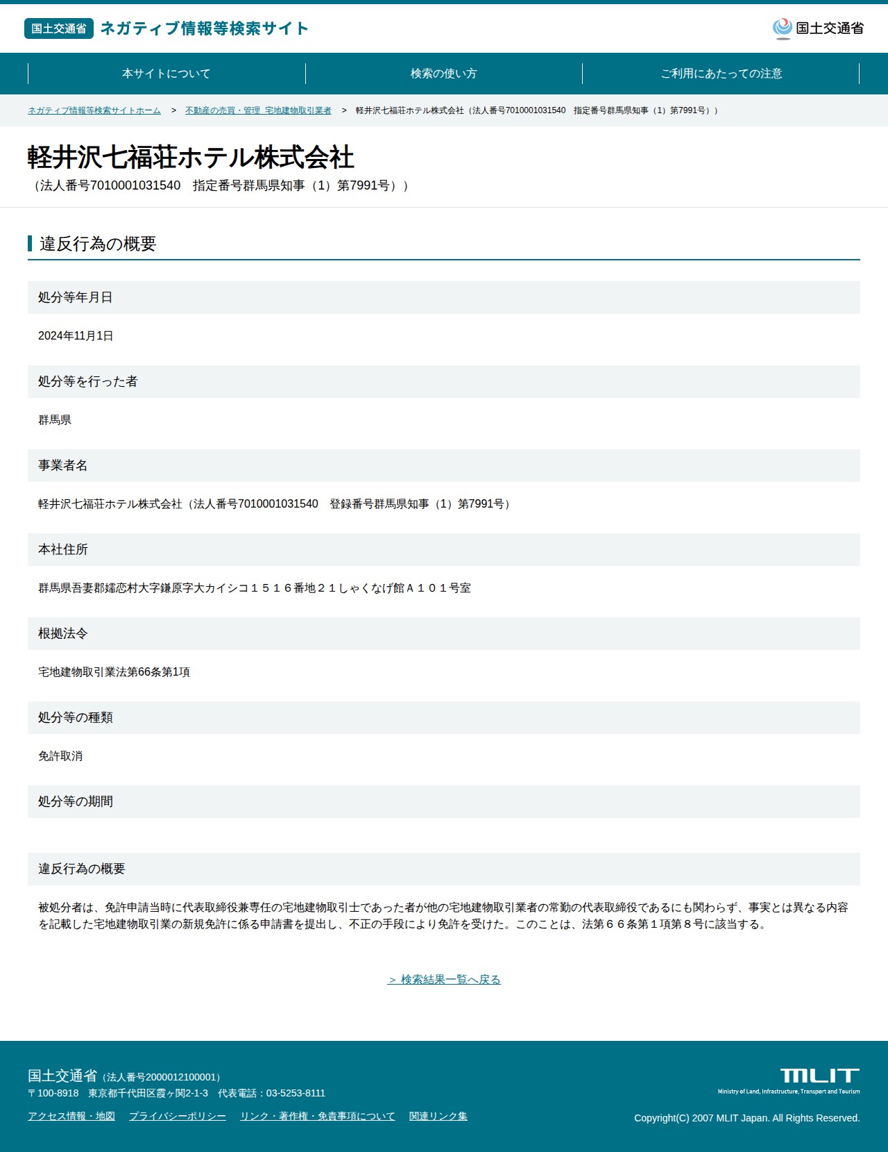 軽井沢七福荘ホテル株式会社(法人番号7010001031540 指定番号群馬県知事(1)第7991号)) - 国土交通省 ネガティブ情報等検索サイト - 保存されたスクリーンショット